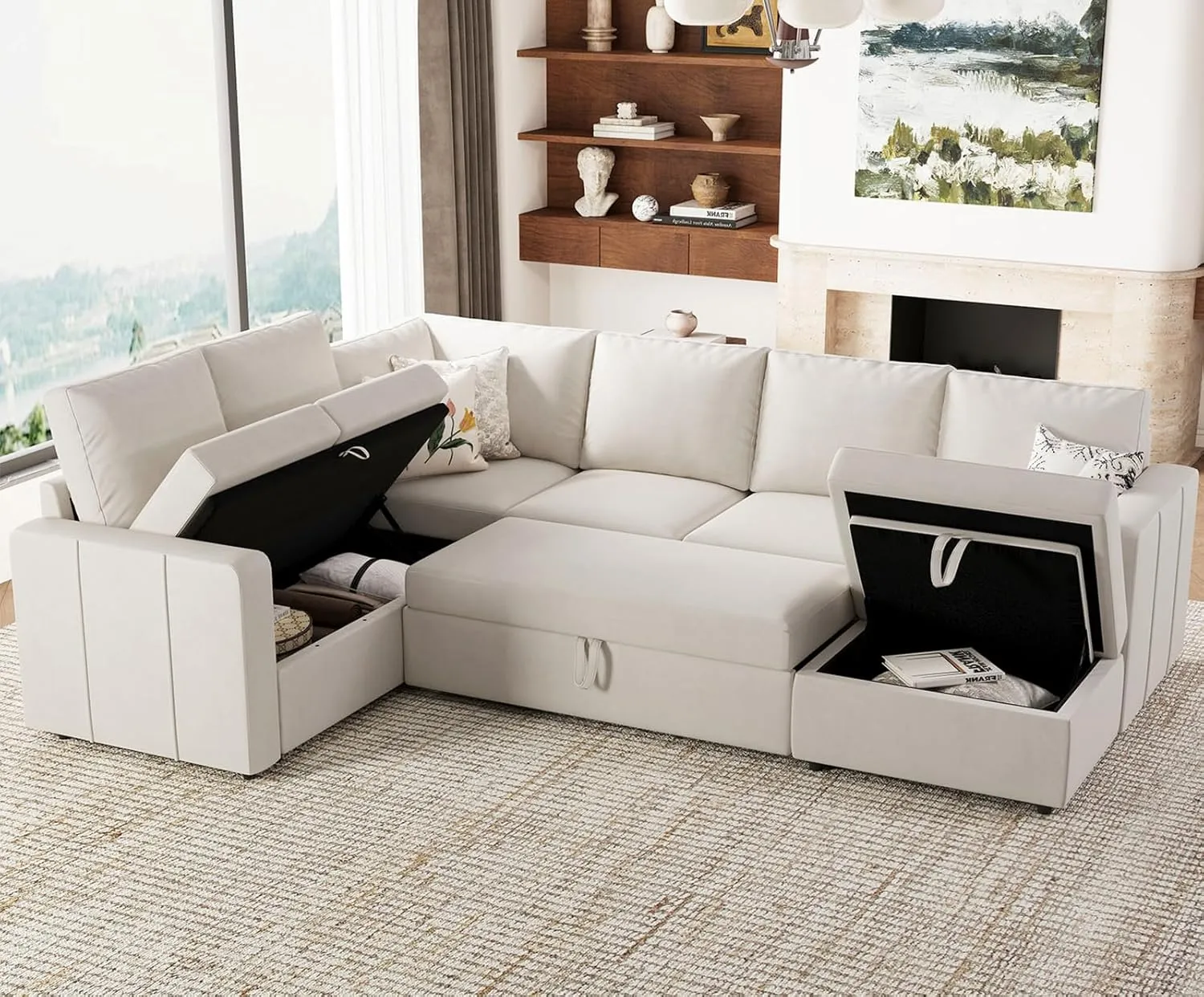 Belffin Modular Sectional Sleeper Sofa with Pull Out Couch, U Shaped Sleeper Pull Out Bed, Convertible Sectional Couches for Living Room, Beige