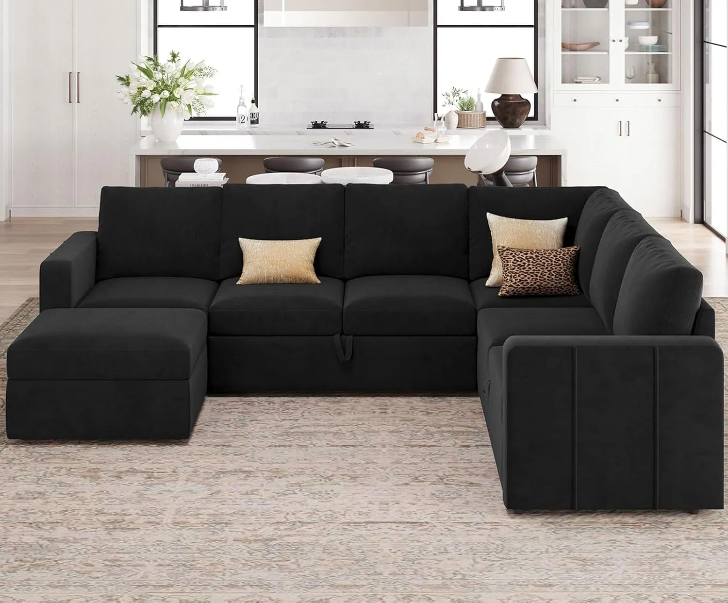 Belffin Modular Sectional Sleeper Sofa with Pull Out Couch, U Shaped Sleeper Pull Out Bed, Convertible Sectional Couches for Living Room, Black