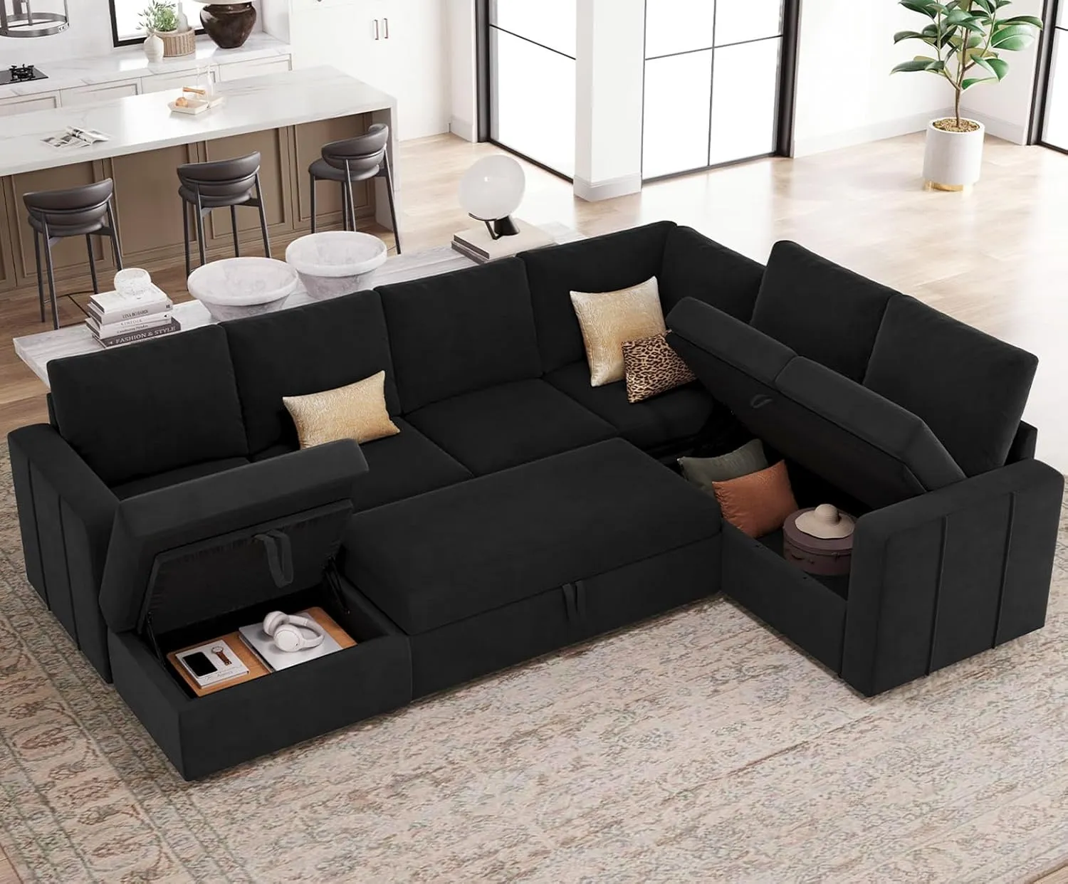 Belffin Modular Sectional Sleeper Sofa with Pull Out Couch, U Shaped Sleeper Pull Out Bed, Convertible Sectional Couches for Living Room, Black