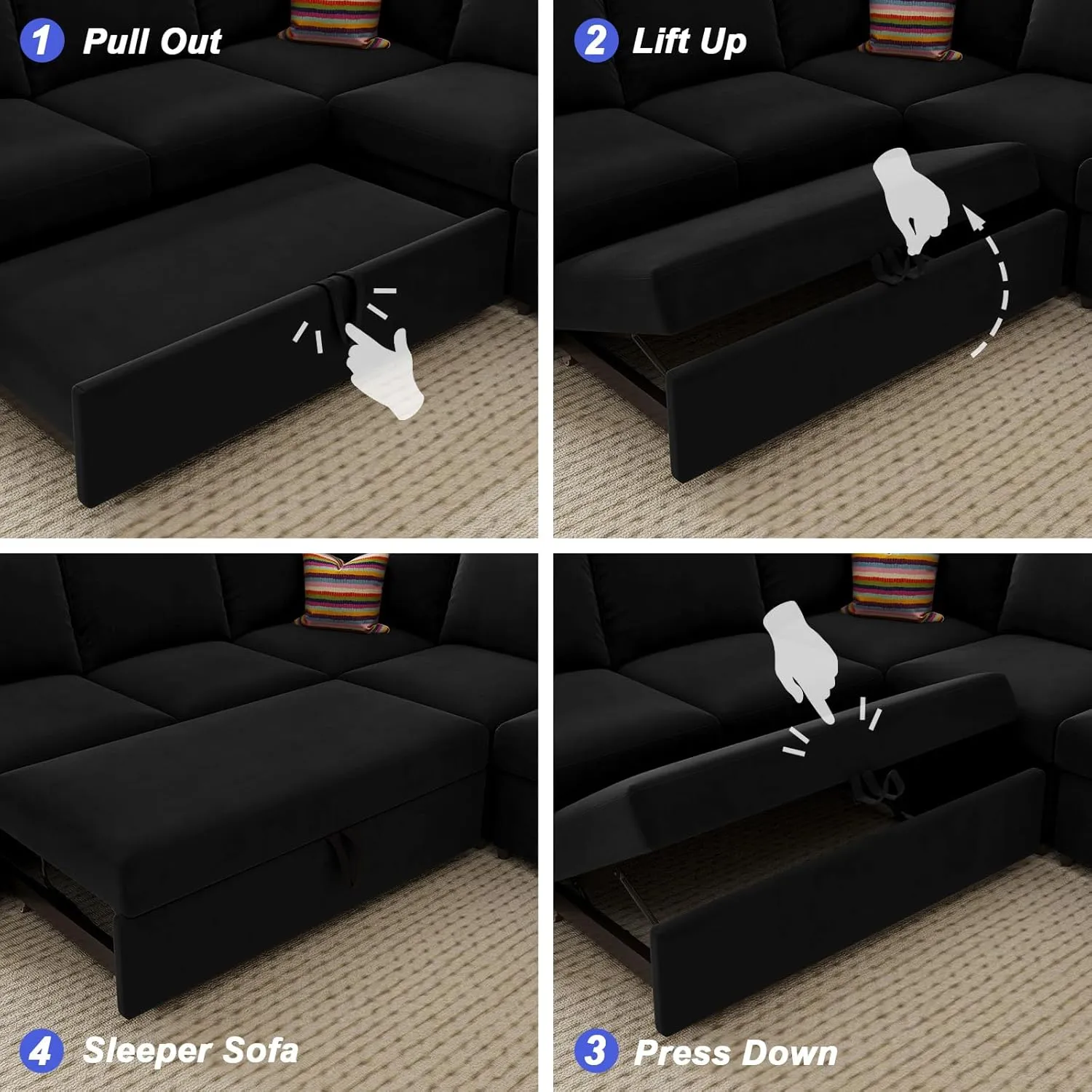 Belffin Modular Sectional Sleeper Sofa with Pull Out Couch, U Shaped Sleeper Pull Out Bed, Convertible Sectional Couches for Living Room, Black