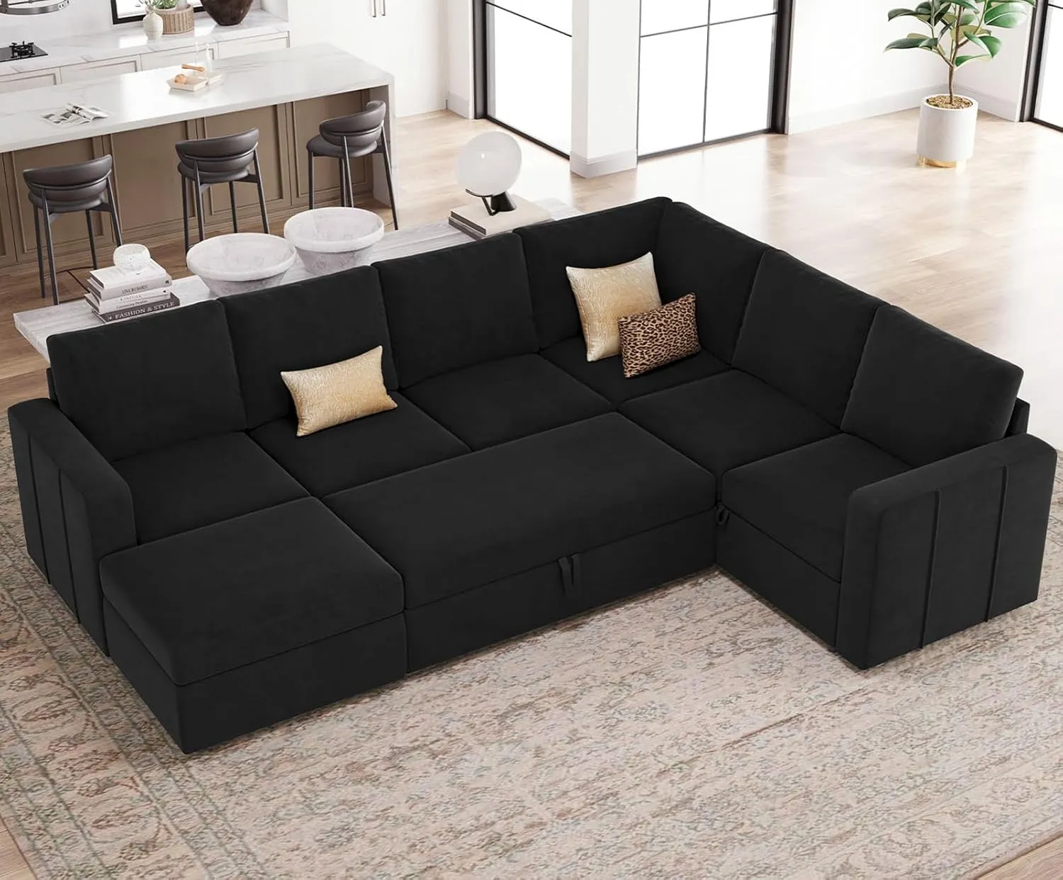 Belffin Modular Sectional Sleeper Sofa with Pull Out Couch, U Shaped Sleeper Pull Out Bed, Convertible Sectional Couches for Living Room, Black