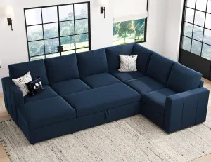 Belffin Modular Sectional Sleeper Sofa with Pull Out Couch, U Shaped Sleeper Pull Out Bed, Convertible Sectional Couches for Living Room, Blue