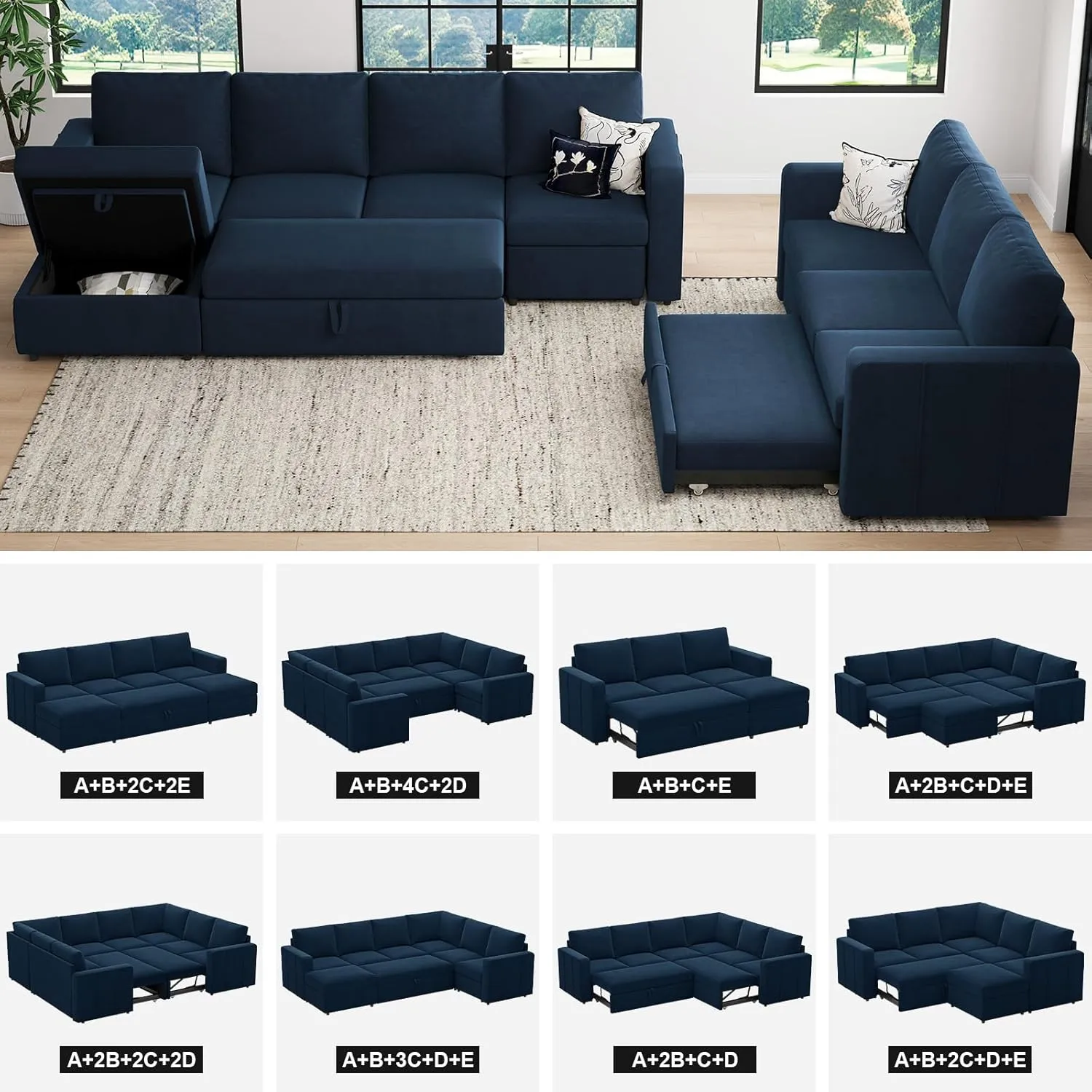 Belffin Modular Sectional Sleeper Sofa with Pull Out Couch, U Shaped Sleeper Pull Out Bed, Convertible Sectional Couches for Living Room, Blue