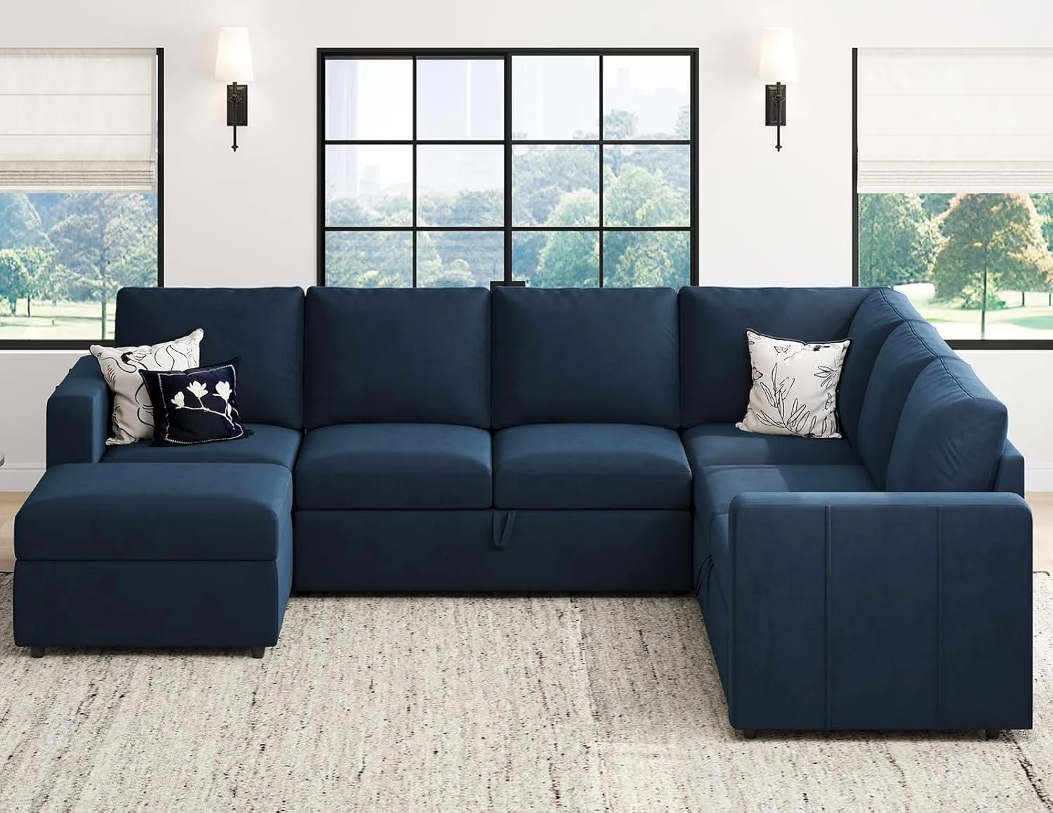 Belffin Modular Sectional Sleeper Sofa with Pull Out Couch, U Shaped Sleeper Pull Out Bed, Convertible Sectional Couches for Living Room, Blue