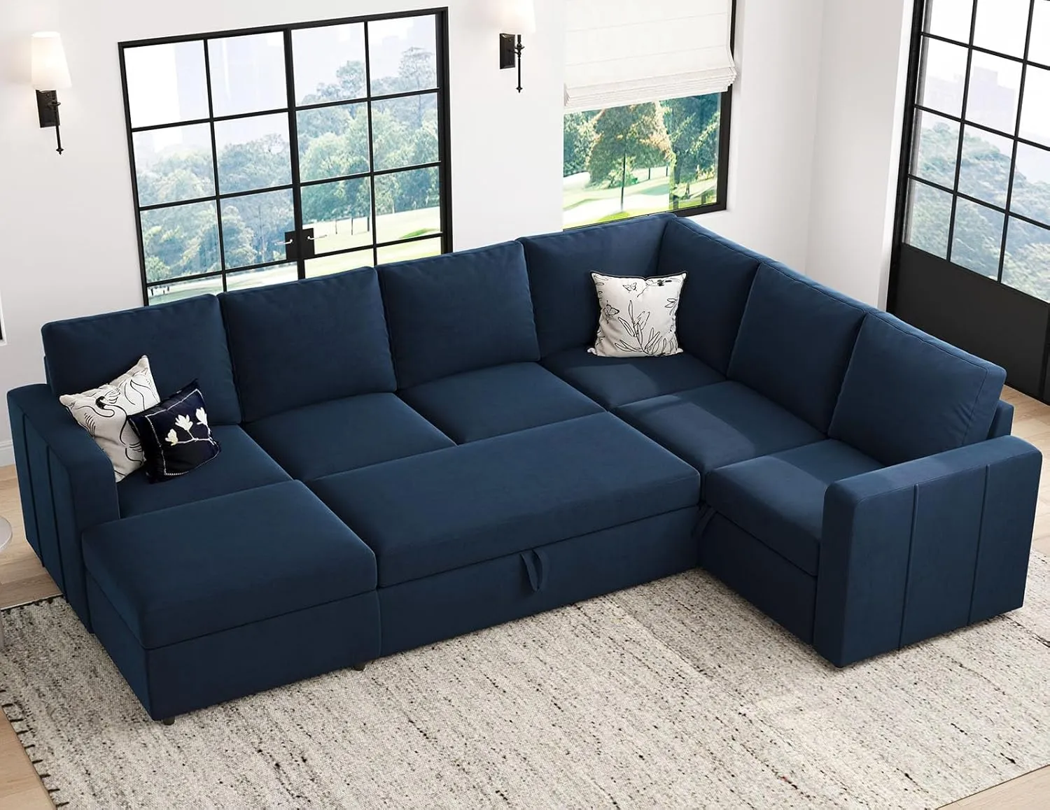 Belffin Modular Sectional Sleeper Sofa with Pull Out Couch, U Shaped Sleeper Pull Out Bed, Convertible Sectional Couches for Living Room, Blue