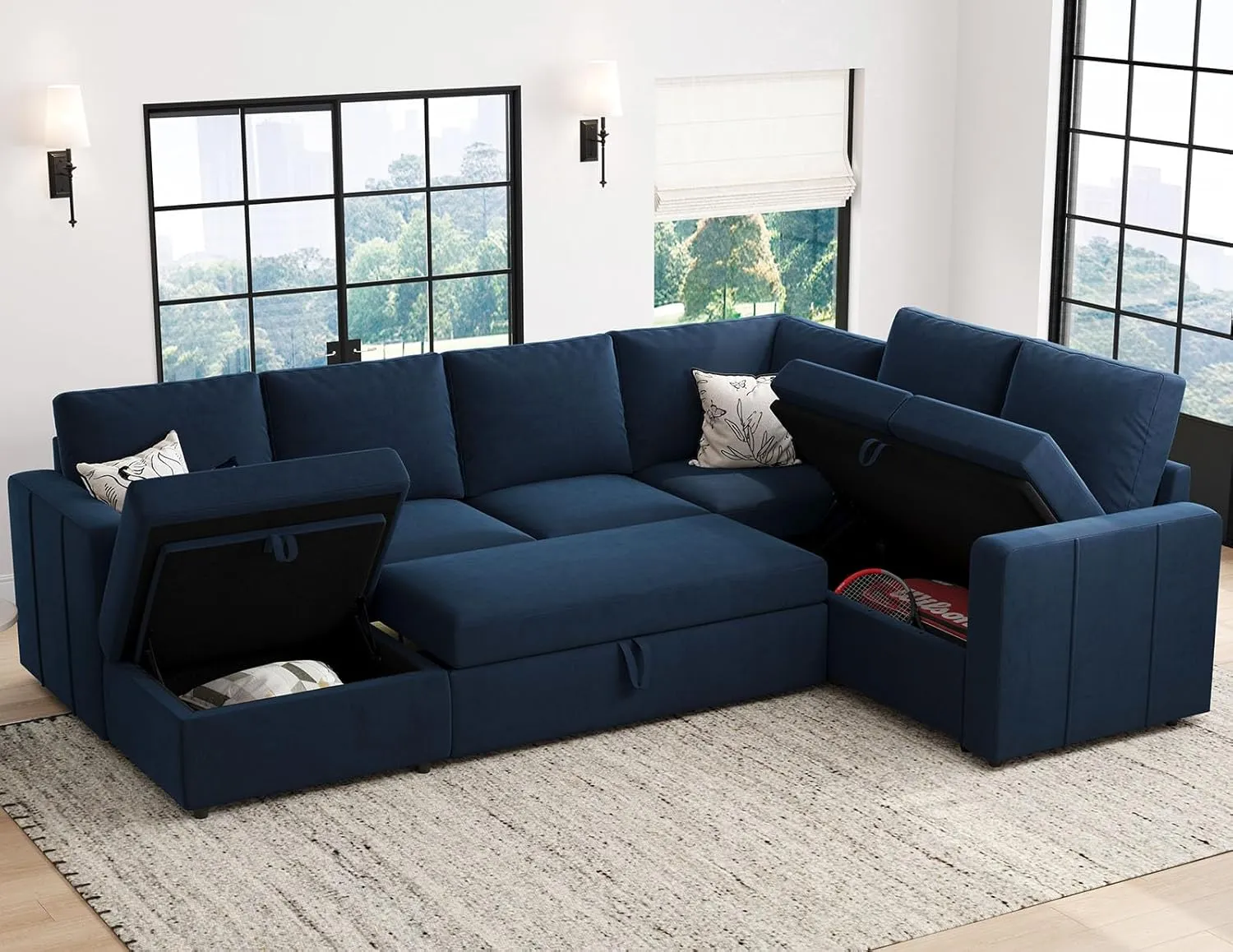 Belffin Modular Sectional Sleeper Sofa with Pull Out Couch, U Shaped Sleeper Pull Out Bed, Convertible Sectional Couches for Living Room, Blue