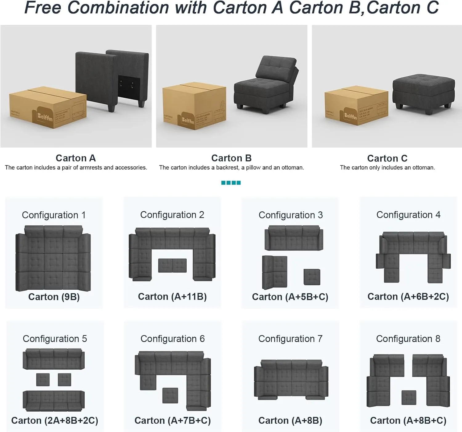 Belffin Modular Sectional Sofa with Storage Sectional Sleeper Couch Modular Sofa Bed for Living Room Dark Grey