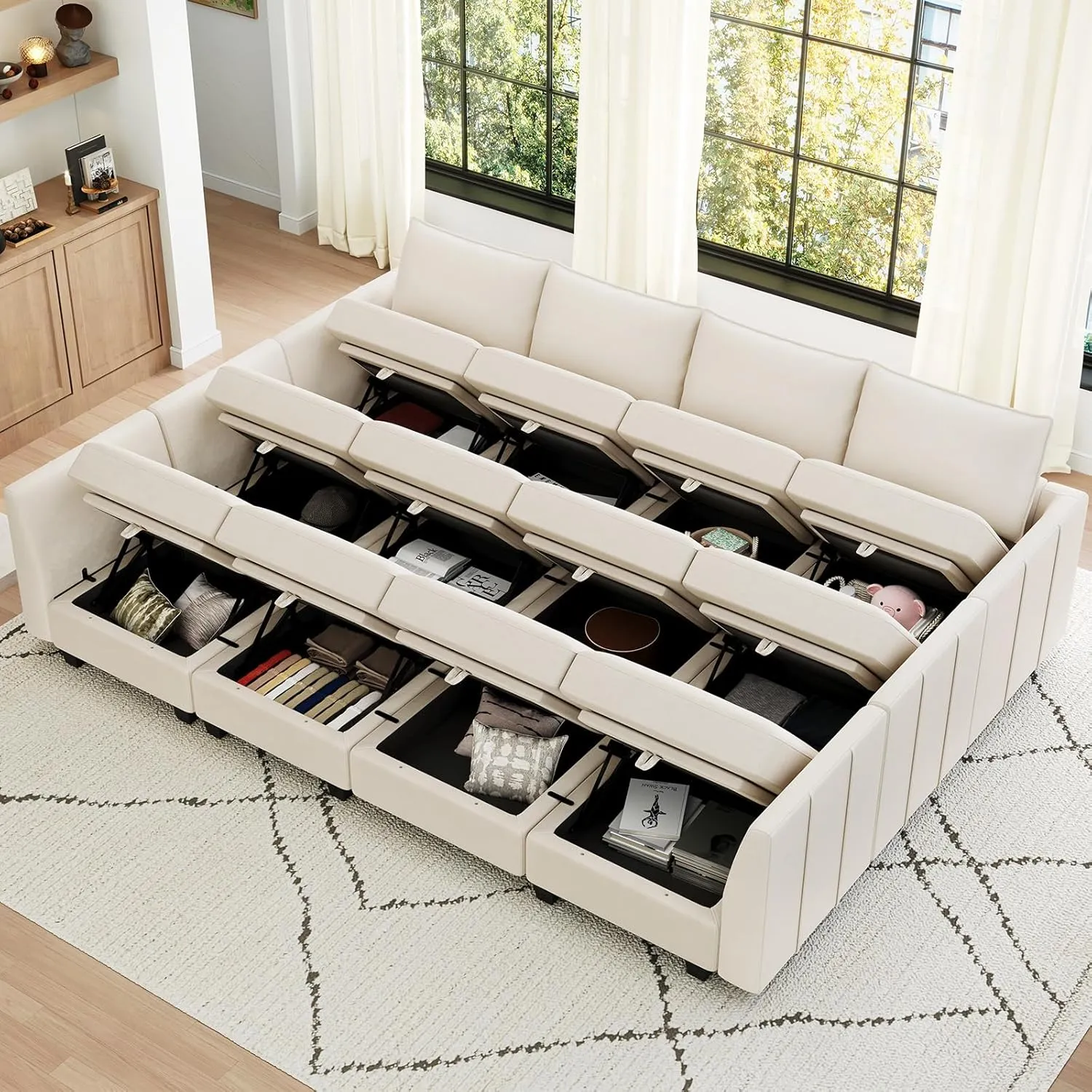 Belffin Oversized Modular Sectional Couch Sleeper Sofa with Storage Velvet Sectional Sofa Bed for Living Room, 12 Seats, Beige