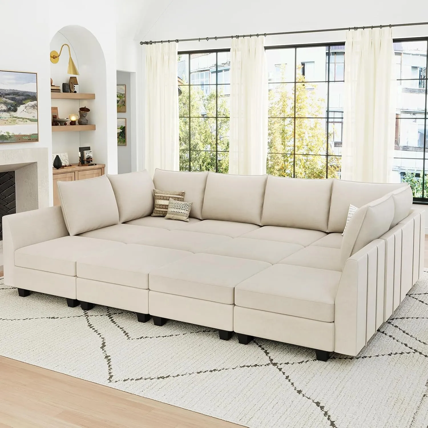Belffin Oversized Modular Sectional Couch Sleeper Sofa with Storage Velvet Sectional Sofa Bed for Living Room, 12 Seats, Beige