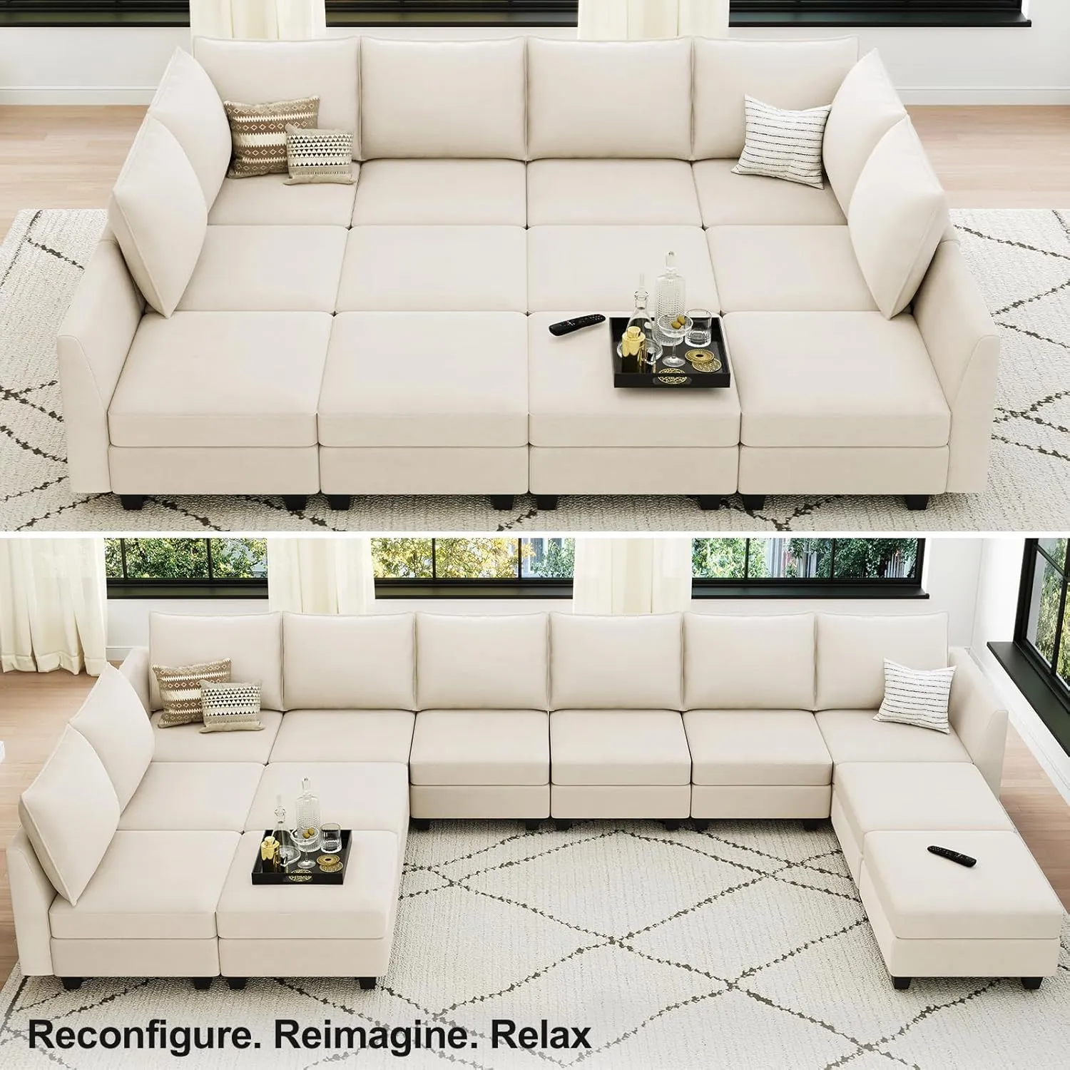 Belffin Oversized Modular Sectional Couch Sleeper Sofa with Storage Velvet Sectional Sofa Bed for Living Room, 12 Seats, Beige