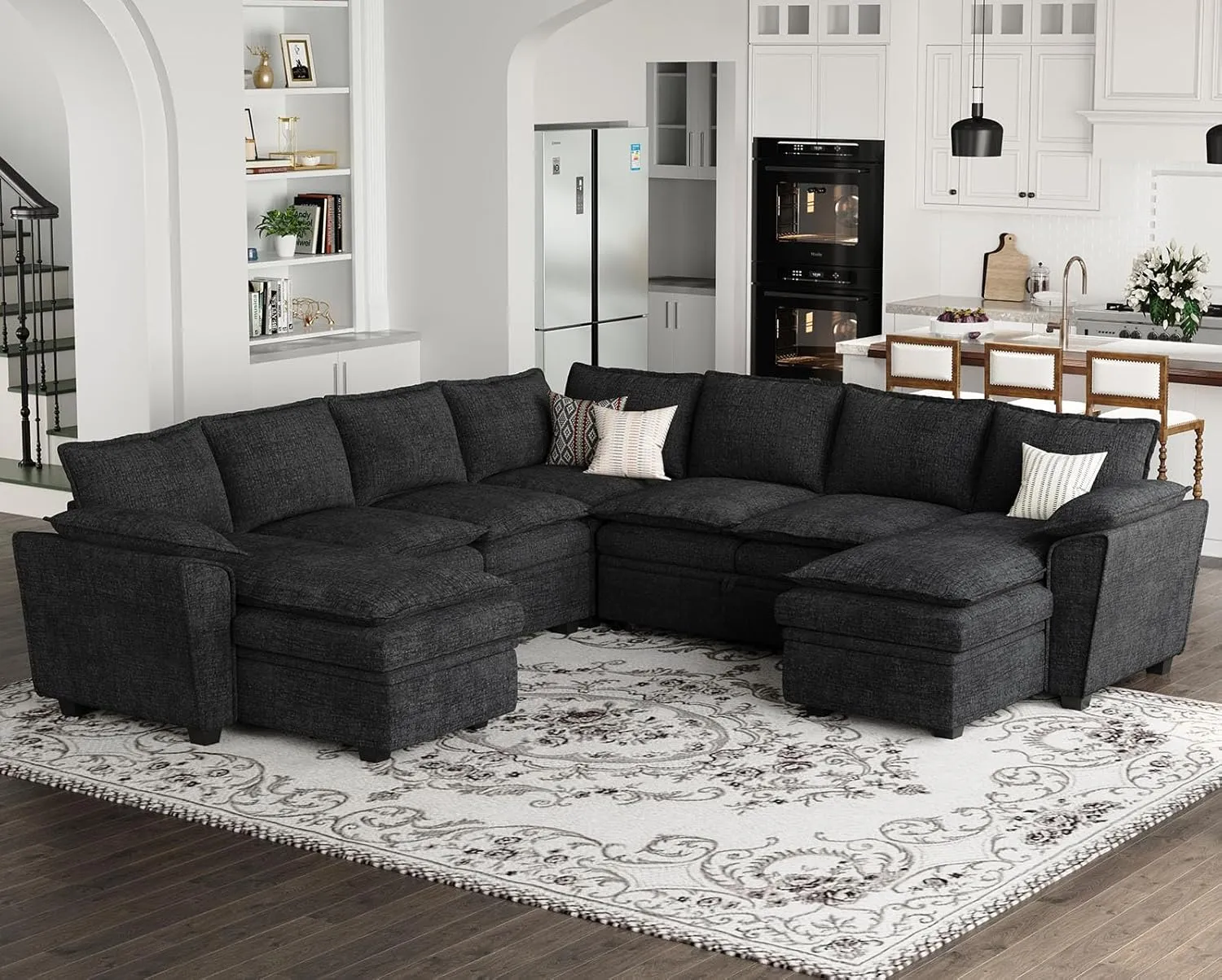 Belffin Oversized Modular Sectional Sofa Sleeper Sofa with Pull Out Couch Bed Oversized Modular Couch with Storage Ottomans Chenille Black