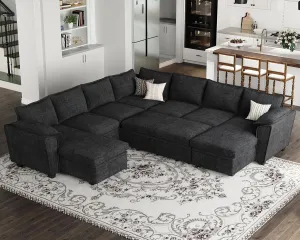 Belffin Oversized Modular Sectional Sofa Sleeper Sofa with Pull Out Couch Bed Oversized Modular Couch with Storage Ottomans Chenille Black