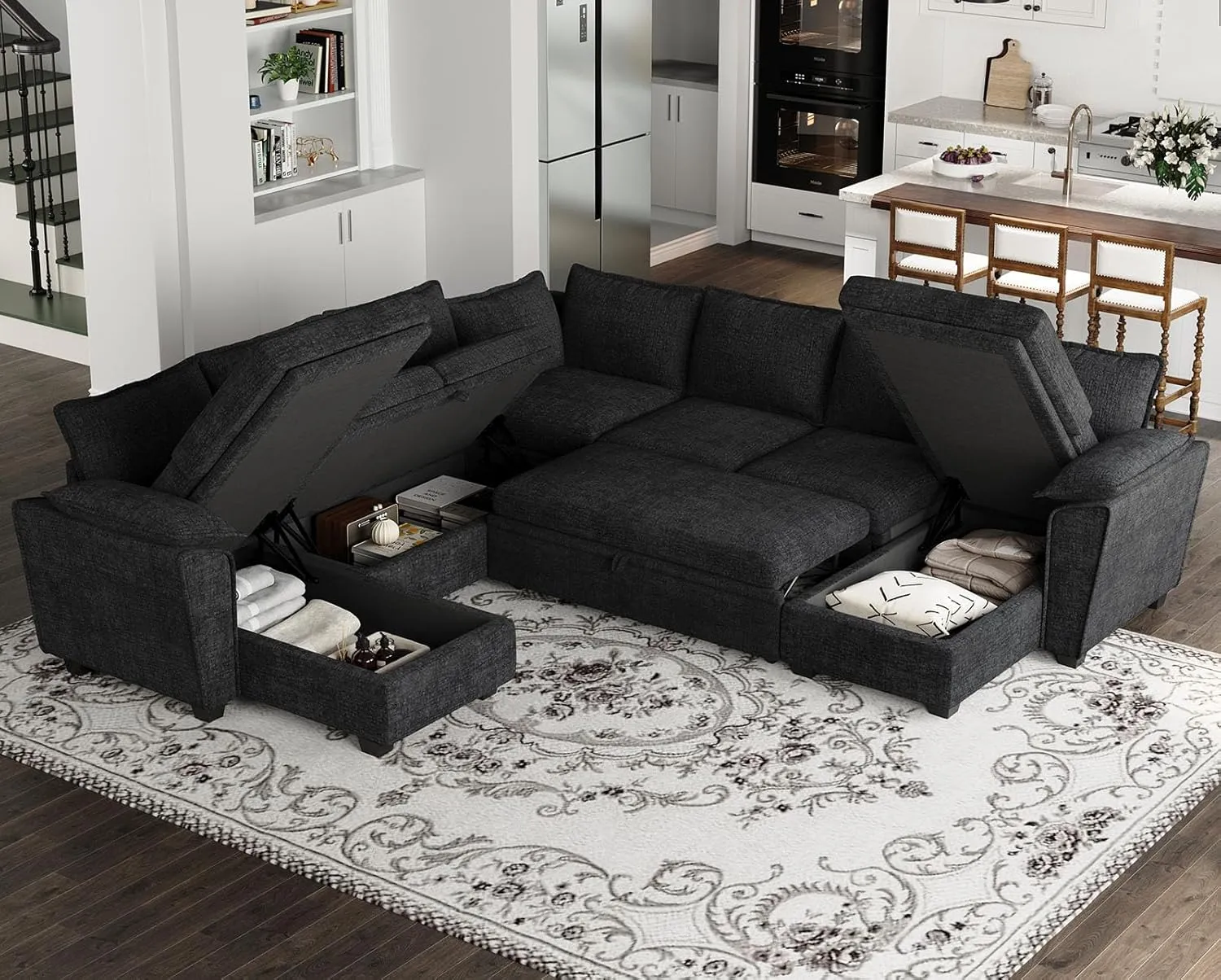 Belffin Oversized Modular Sectional Sofa Sleeper Sofa with Pull Out Couch Bed Oversized Modular Couch with Storage Ottomans Chenille Black