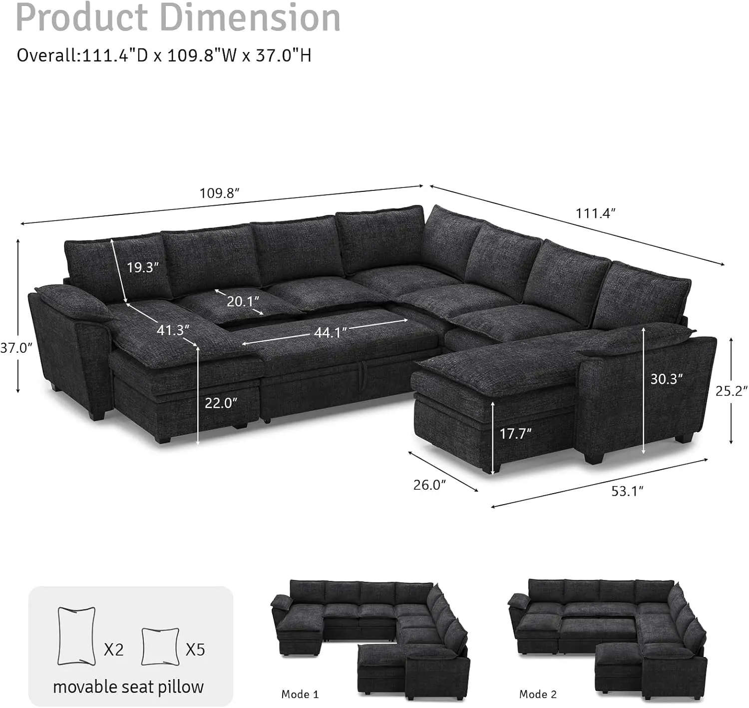 Belffin Oversized Modular Sectional Sofa Sleeper Sofa with Pull Out Couch Bed Oversized Modular Couch with Storage Ottomans Chenille Black