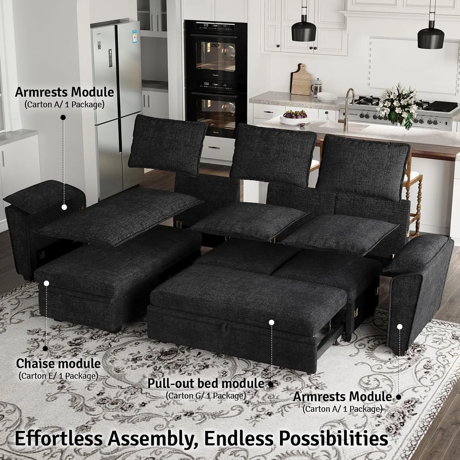 Belffin Oversized Modular Sectional Sofa Sleeper Sofa with Pull Out Couch Bed Oversized Modular Couch with Storage Ottomans Chenille Black