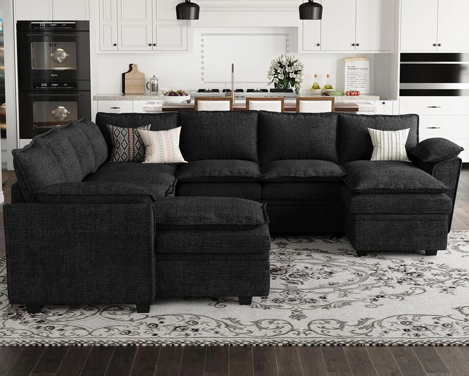 Belffin Oversized Modular Sectional Sofa Sleeper Sofa with Pull Out Couch Bed Oversized Modular Couch with Storage Ottomans Chenille Black
