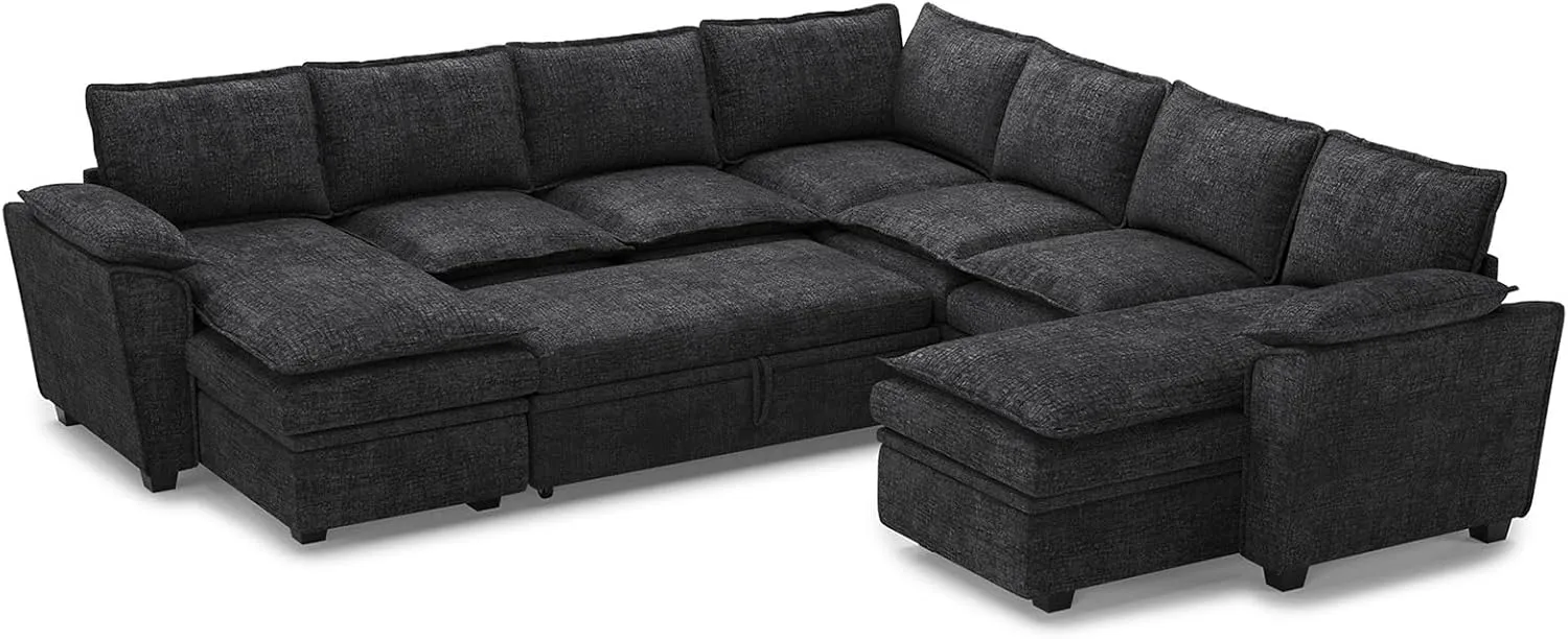 Belffin Oversized Modular Sectional Sofa Sleeper Sofa with Pull Out Couch Bed Oversized Modular Couch with Storage Ottomans Chenille Black