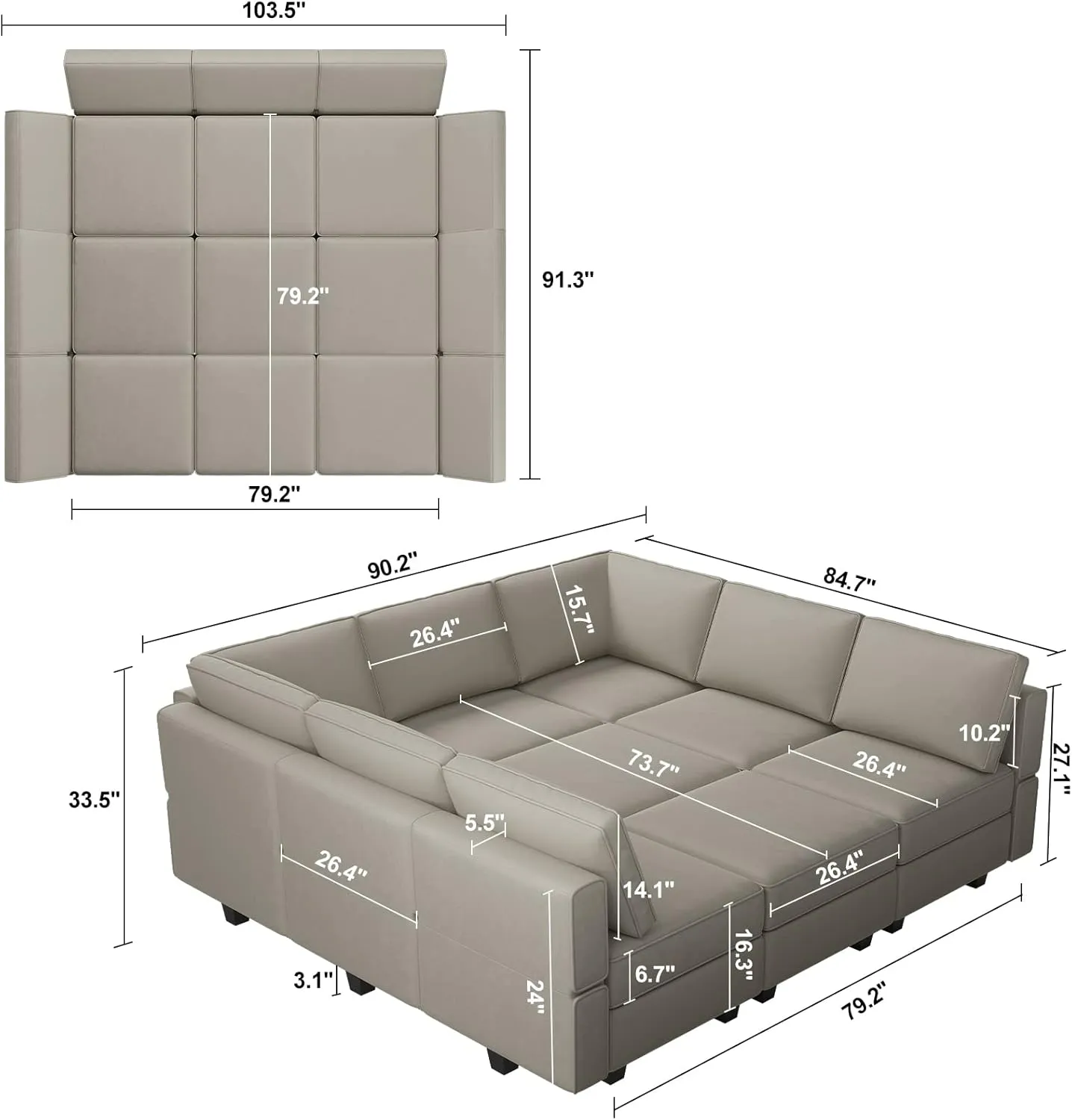 Belffin Reversible Velvet Modular Sectional Sleeper Sofa Bed with Ottomans, Storage and Chaise - Grey
