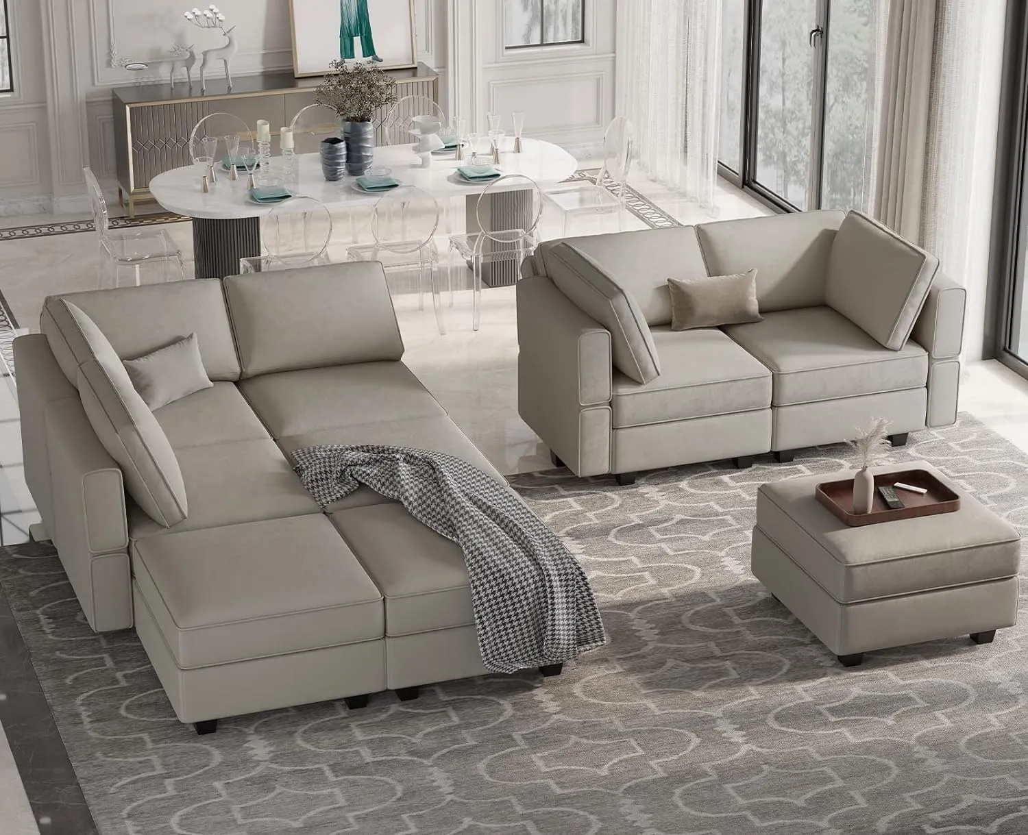 Belffin Reversible Velvet Modular Sectional Sleeper Sofa Bed with Ottomans, Storage and Chaise - Grey