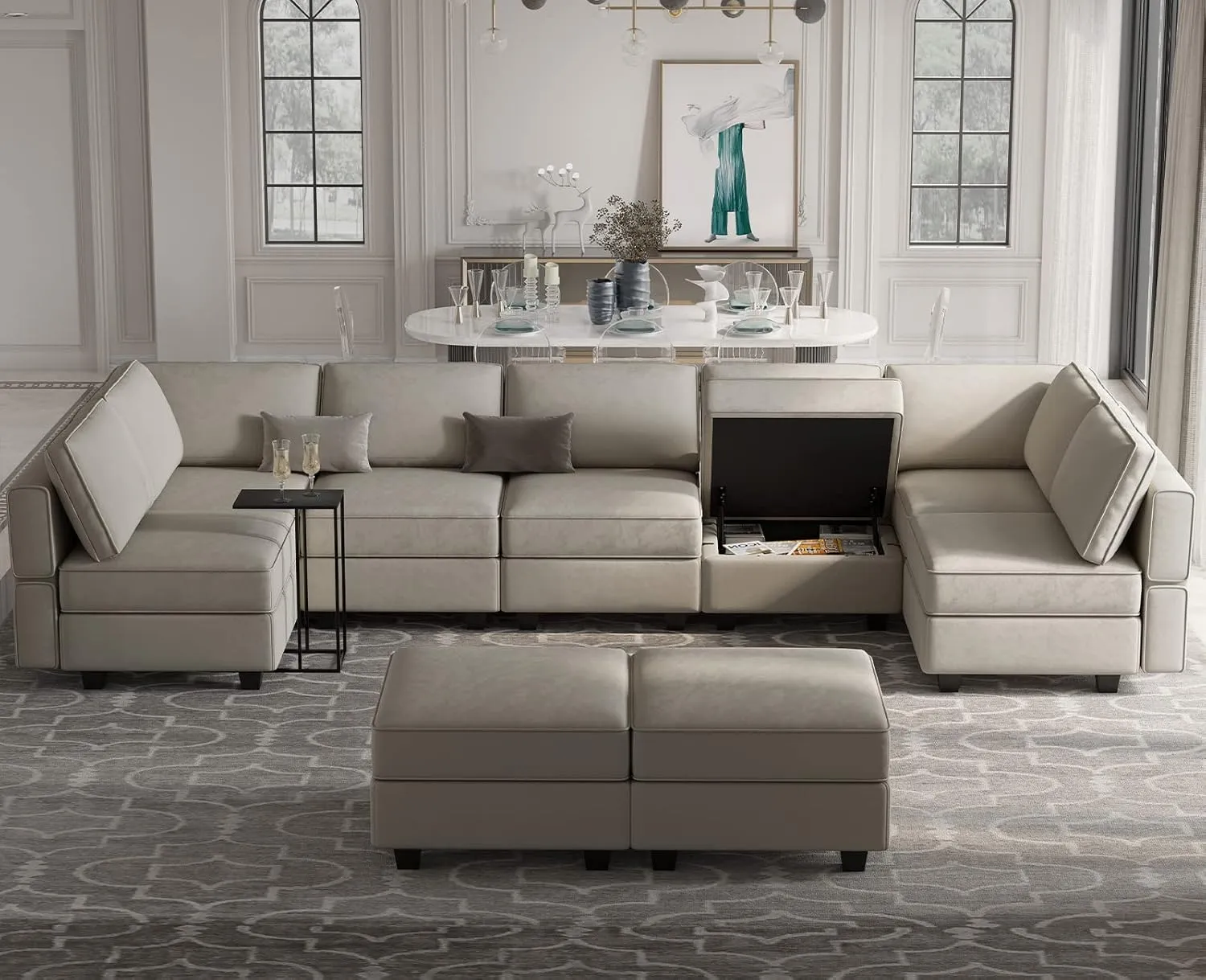 Belffin Reversible Velvet Modular Sectional Sleeper Sofa Bed with Ottomans, Storage and Chaise - Grey