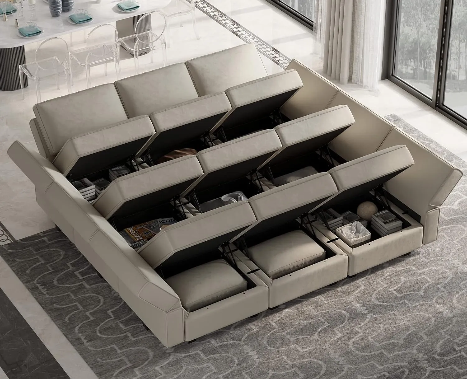 Belffin Reversible Velvet Modular Sectional Sleeper Sofa Bed with Ottomans, Storage and Chaise - Grey