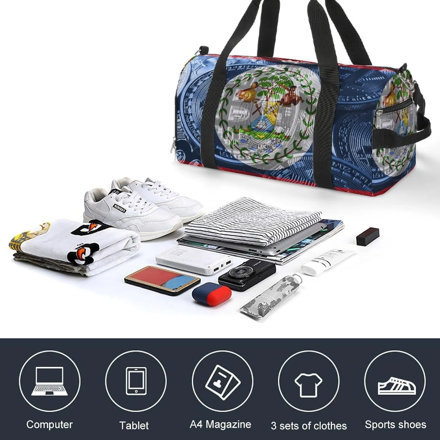 Belize Flag Bitcoin Gym Duffel Bag Waterproof with Shoe Compartment for Sports