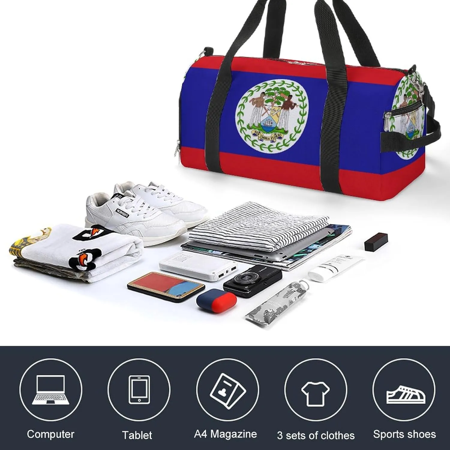 Belize Flag Duffel Bag for Men Women with Shoe Compartment Carry On Tote