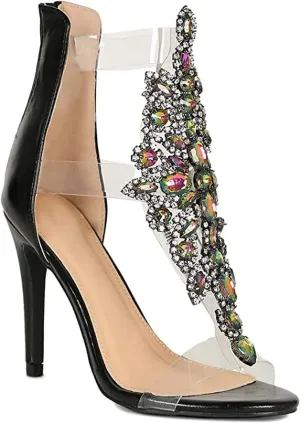 Bella Luna Women's Rhinestone Embellished Transparent Straps Stiletto Heels