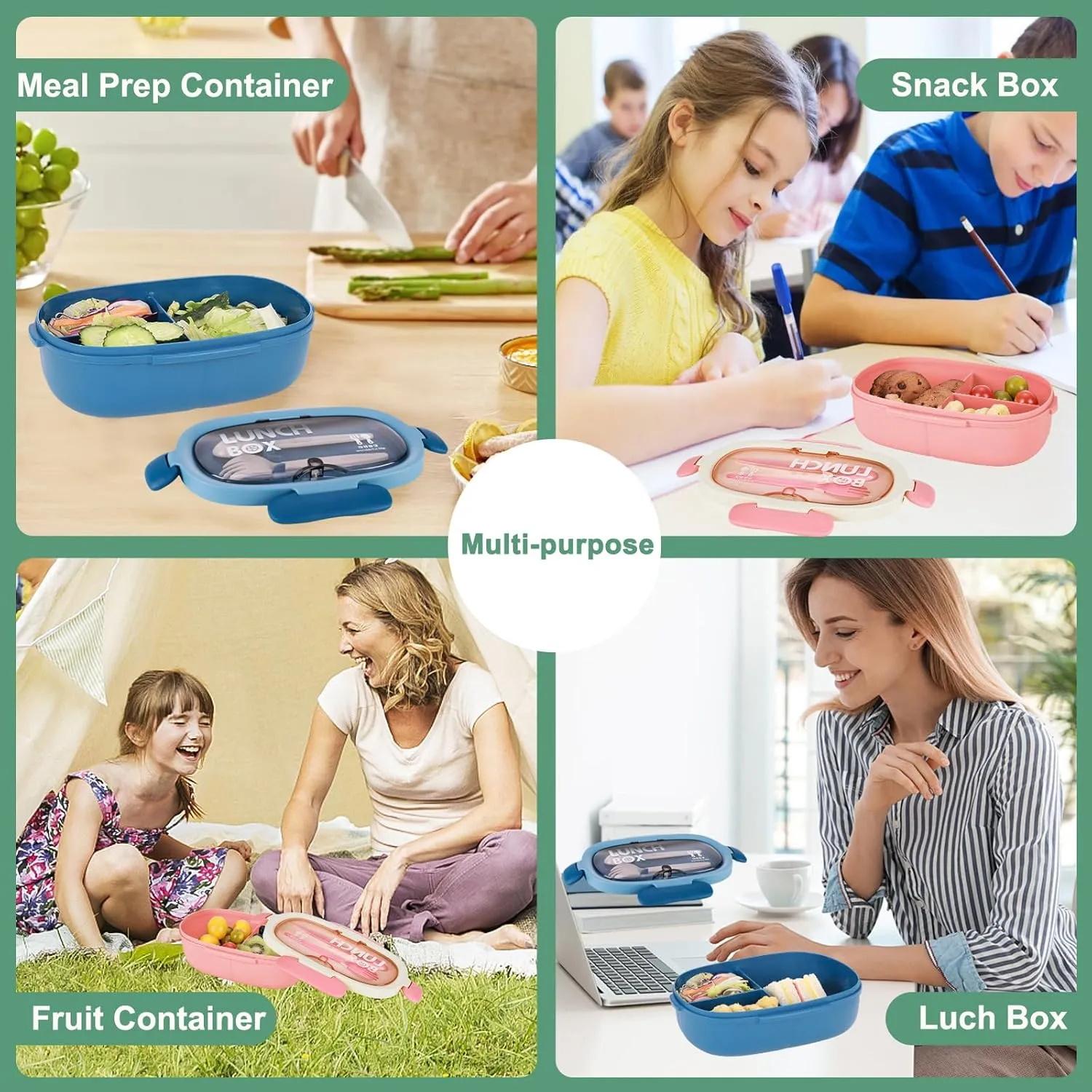 Bento Box Kid Lunch Box with Spoon & Fork, 3 Compartment Sandwich Containers Travel Snack Boxes, Microwave/Dishwasher Safe, BPA Free Meal Prep Food Storage Containers - 2 Pack (Pink/Blue)