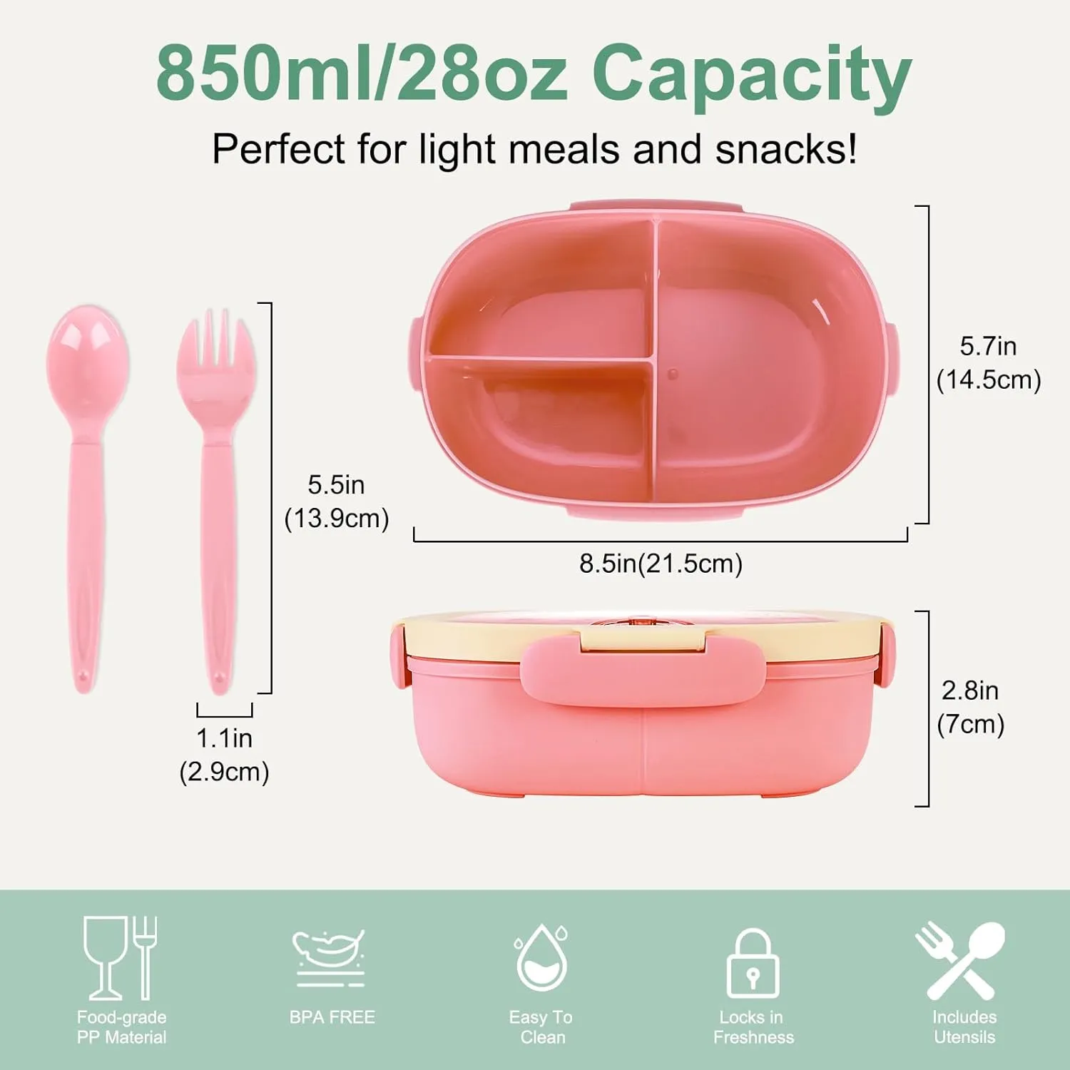 Bento Box Kid Lunch Box with Spoon & Fork, 3 Compartment Sandwich Containers Travel Snack Boxes, Microwave/Dishwasher Safe, BPA Free Meal Prep Food Storage Containers - 2 Pack (Pink/Blue)
