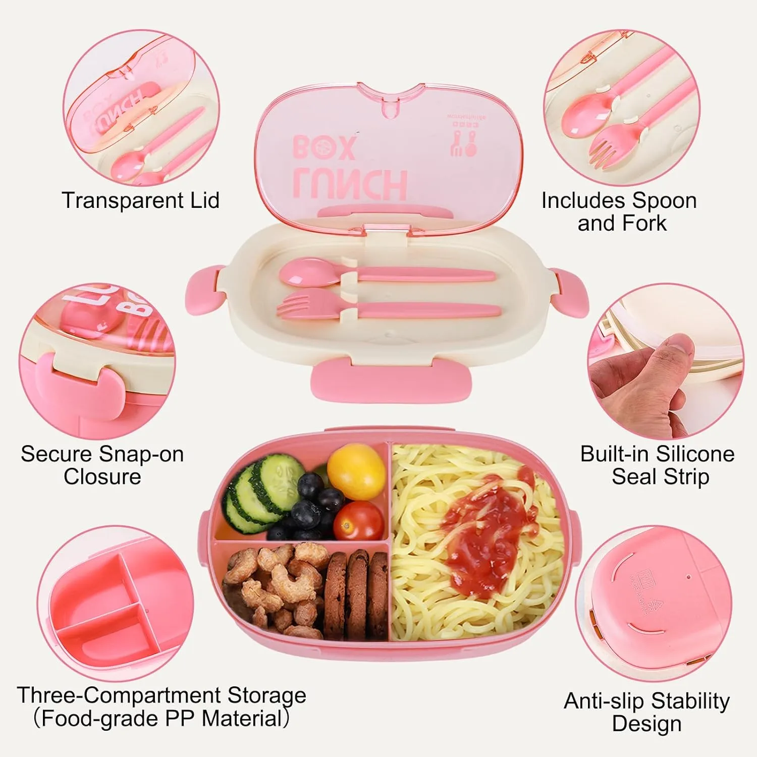 Bento Box Kid Lunch Box with Spoon & Fork, 3 Compartment Sandwich Containers Travel Snack Boxes, Microwave/Dishwasher Safe, BPA Free Meal Prep Food Storage Containers - 2 Pack (Pink/Blue)