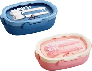 Bento Box Kid Lunch Box with Spoon & Fork, 3 Compartment Sandwich Containers Travel Snack Boxes, Microwave/Dishwasher Safe, BPA Free Meal Prep Food Storage Containers - 2 Pack (Pink/Blue)