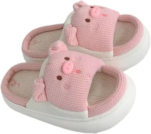 BESTYASH Thick-soled Linen Slippers Cozy House Shoes for Women Non-slip Breathable Indoor Outdoor Adorable Pig Design Women's Slippers Size 38-39