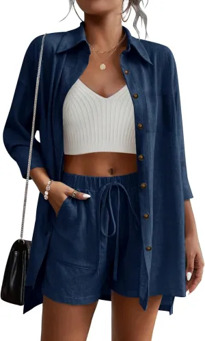 Beyove Women's Cotton Linen Set Casual Tracksuit Button Down 3/4 Sleeve Shirt Drawstring Shorts Pockets 2 Piece Lounge Set