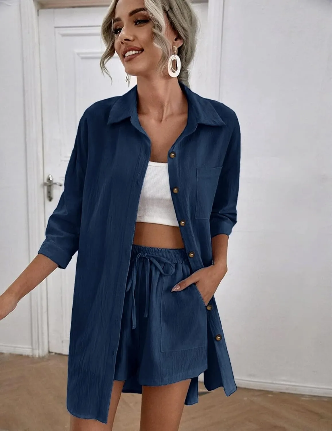 Beyove Women's Cotton Linen Set Casual Tracksuit Button Down 3/4 Sleeve Shirt Drawstring Shorts Pockets 2 Piece Lounge Set