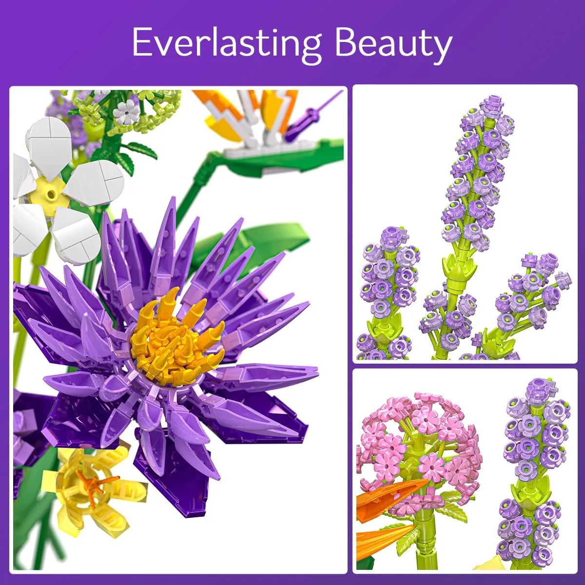 BIGEARN Flowers Bouquet Building Set for Adults - Botanical Collection - Artificial Flowers for Home Deco - Gift for Birthday, Mother's Day for Her and Women