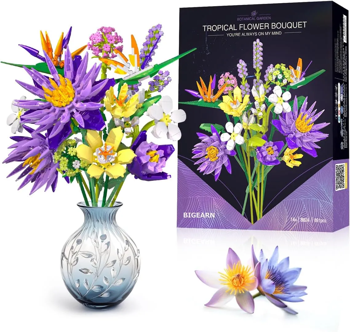 BIGEARN Flowers Bouquet Building Set for Adults - Botanical Collection - Artificial Flowers for Home Deco - Gift for Birthday, Mother's Day for Her and Women