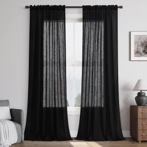 Black Linen Semi Sheer Curtains 96 Inch Length for Living Bedroom 2 Panels Rod Pocket Light Filetring Privacy Linen Blend Cotton Textured Rustic Farmhouse Decor Drapes for Dining Room, W52xL96