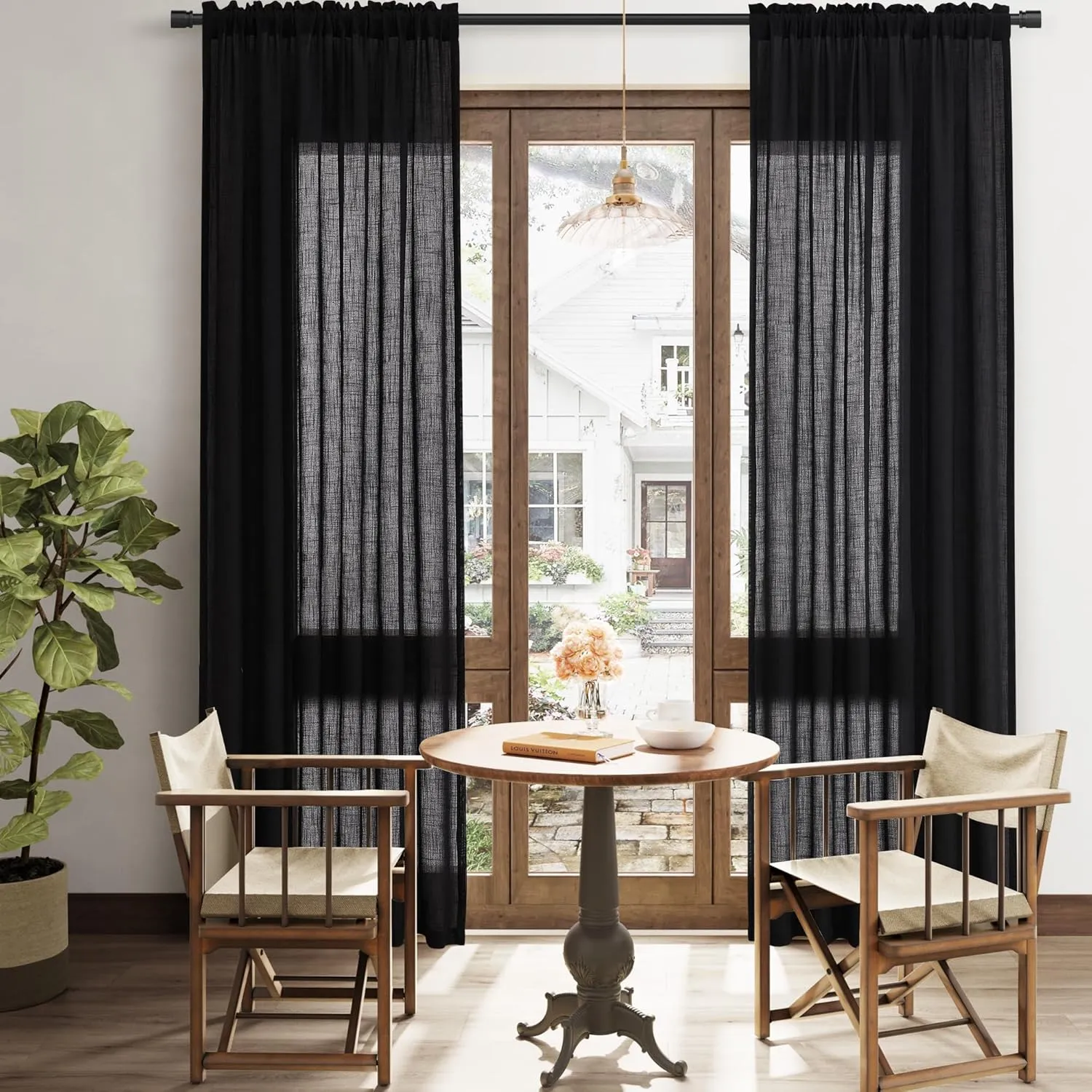 Black Linen Semi Sheer Curtains 96 Inch Length for Living Bedroom 2 Panels Rod Pocket Light Filetring Privacy Linen Blend Cotton Textured Rustic Farmhouse Decor Drapes for Dining Room, W52xL96