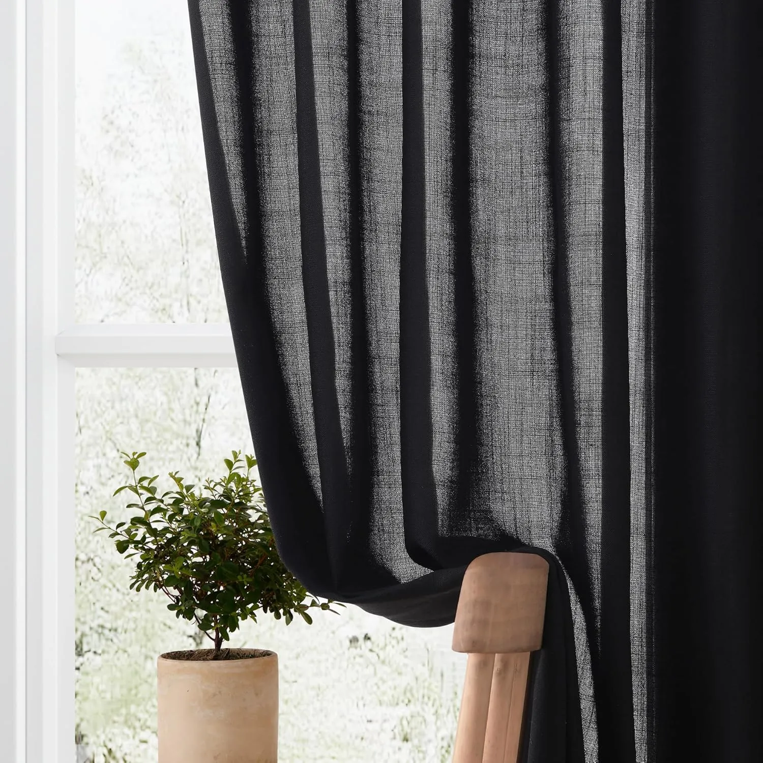 Black Linen Semi Sheer Curtains 96 Inch Length for Living Bedroom 2 Panels Rod Pocket Light Filetring Privacy Linen Blend Cotton Textured Rustic Farmhouse Decor Drapes for Dining Room, W52xL96