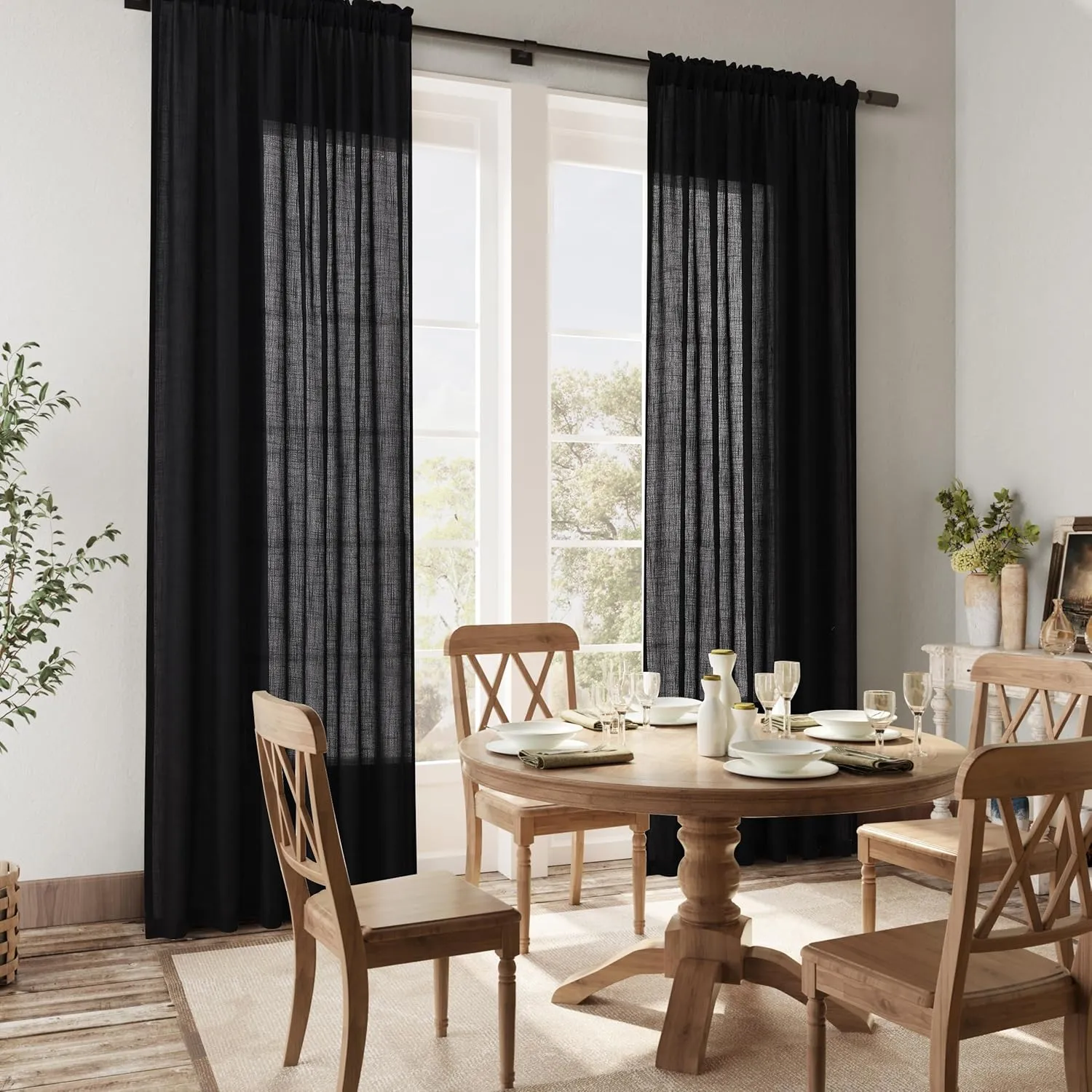 Black Linen Semi Sheer Curtains 96 Inch Length for Living Bedroom 2 Panels Rod Pocket Light Filetring Privacy Linen Blend Cotton Textured Rustic Farmhouse Decor Drapes for Dining Room, W52xL96