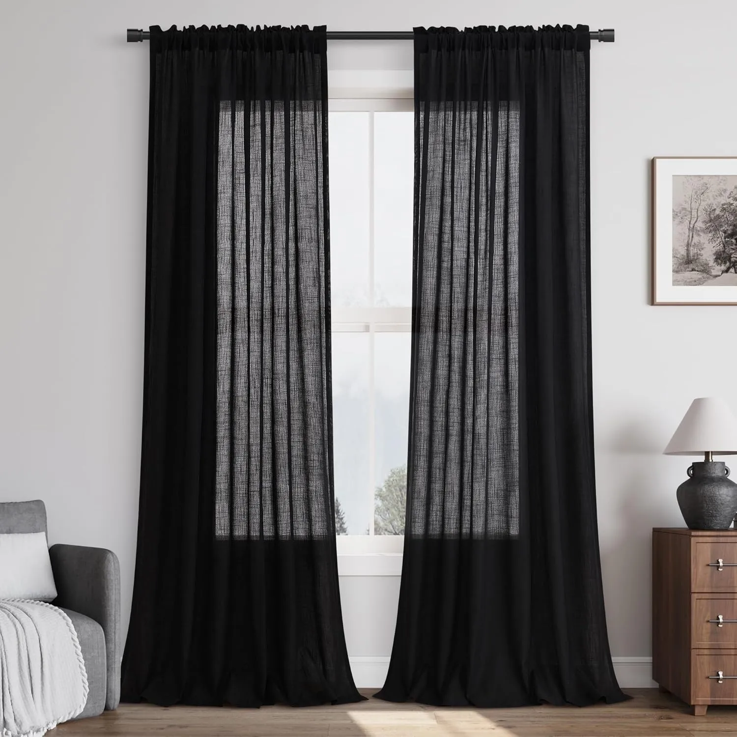 Black Linen Semi Sheer Curtains 96 Inch Length for Living Bedroom 2 Panels Rod Pocket Light Filetring Privacy Linen Blend Cotton Textured Rustic Farmhouse Decor Drapes for Dining Room, W52xL96