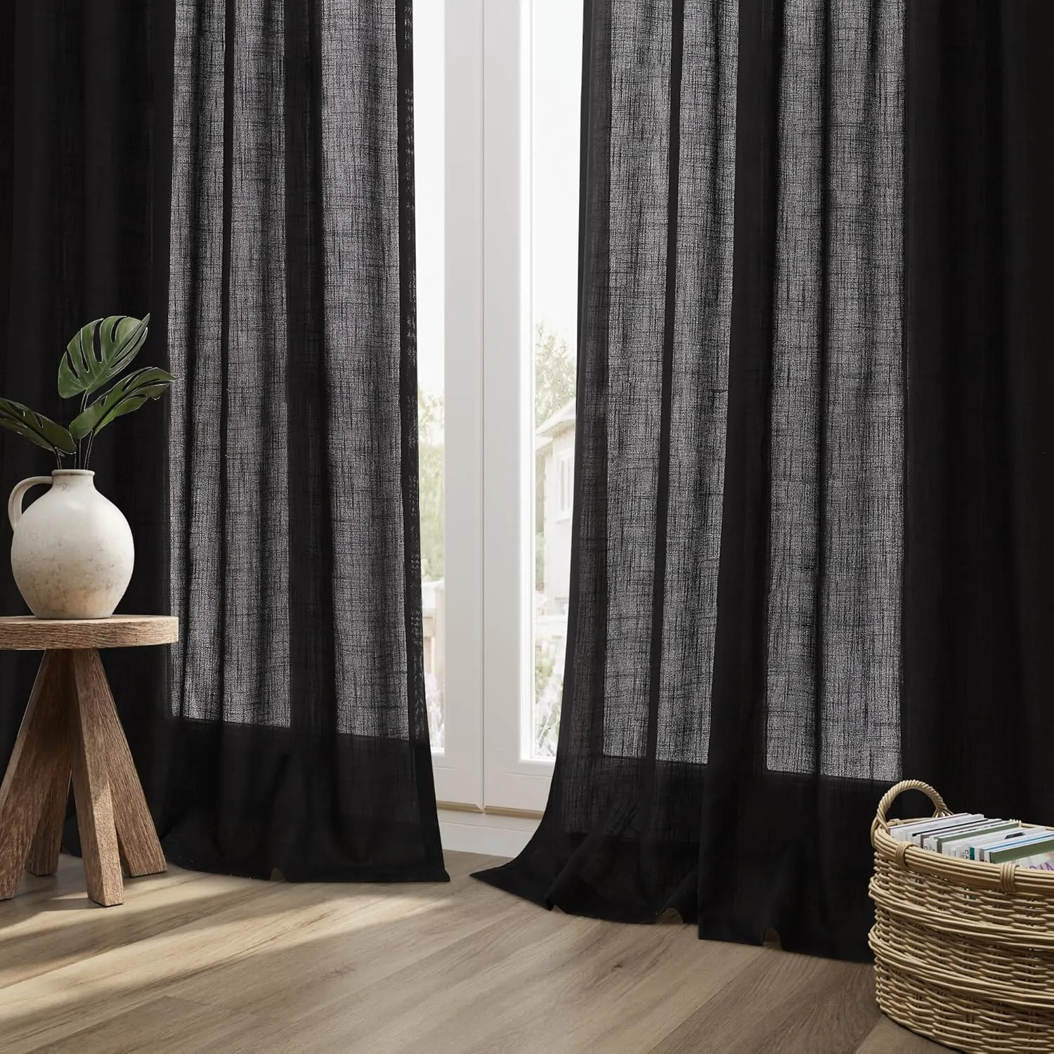 Black Linen Semi Sheer Curtains 96 Inch Length for Living Bedroom 2 Panels Rod Pocket Light Filetring Privacy Linen Blend Cotton Textured Rustic Farmhouse Decor Drapes for Dining Room, W52xL96