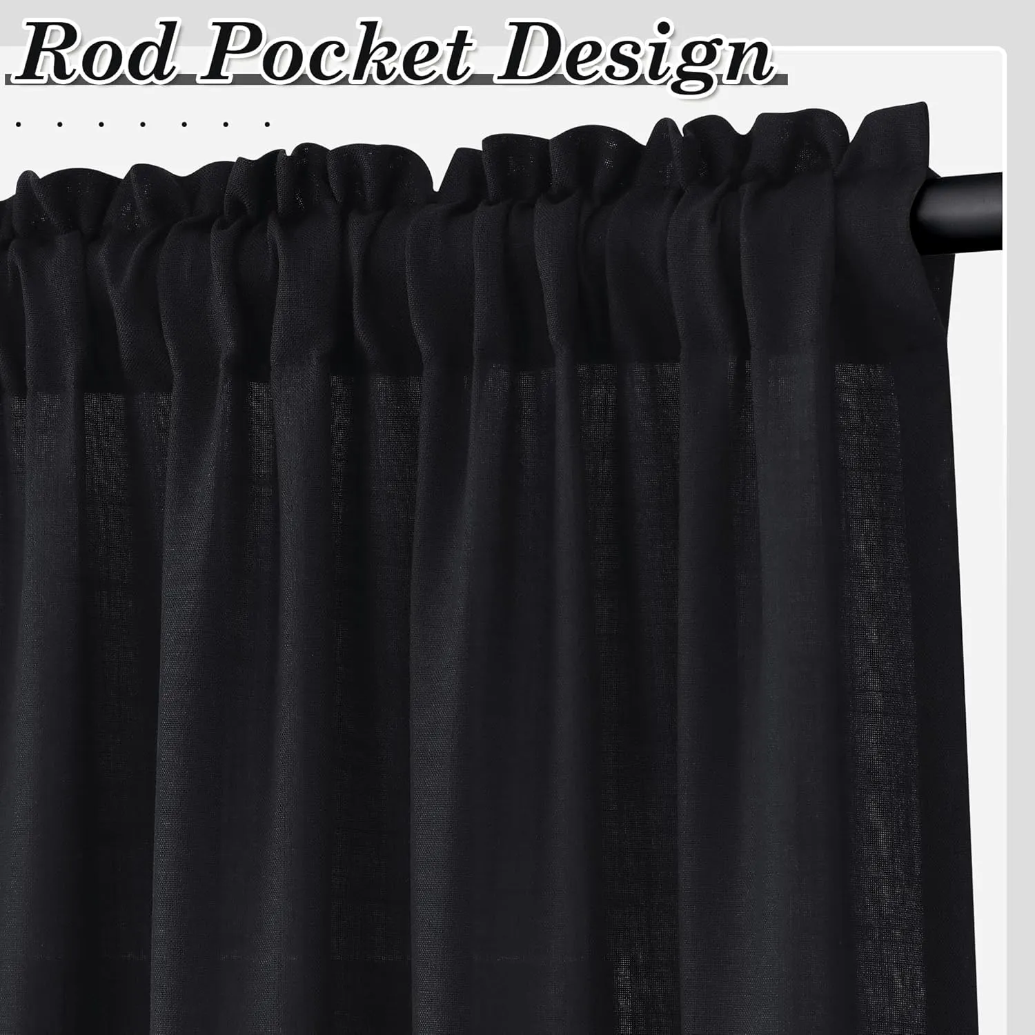 Black Linen Semi Sheer Curtains 96 Inch Length for Living Bedroom 2 Panels Rod Pocket Light Filetring Privacy Linen Blend Cotton Textured Rustic Farmhouse Decor Drapes for Dining Room, W52xL96