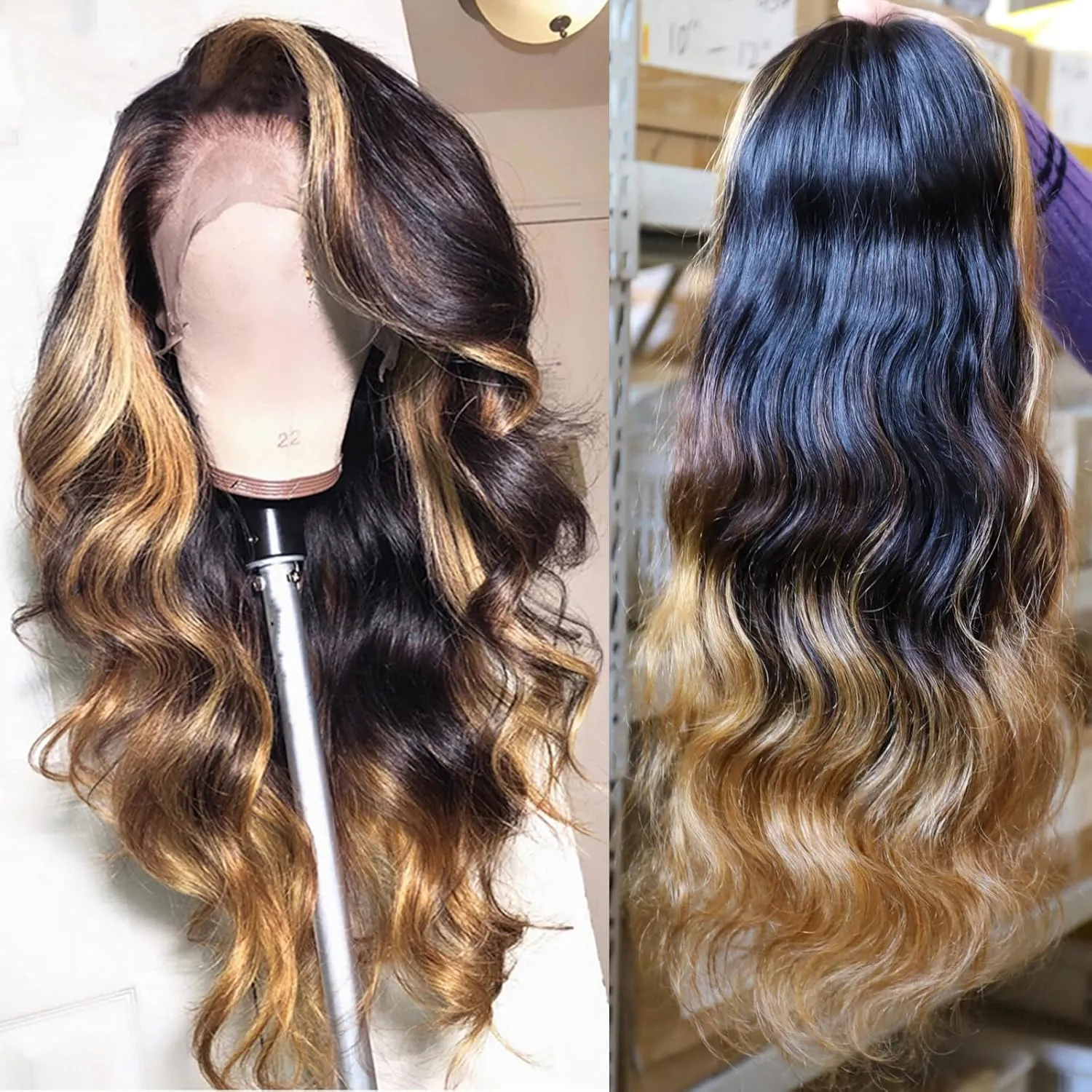 BLG Ombre Blonde 13X4 Transparent Lace Front Wigs Human Hair Pre Plucked 27 Skunk Stripe Wigs Human Hair 180% Density Colored Human Hair Wigs for Black Women 16 Inch Lace Frontal Wig