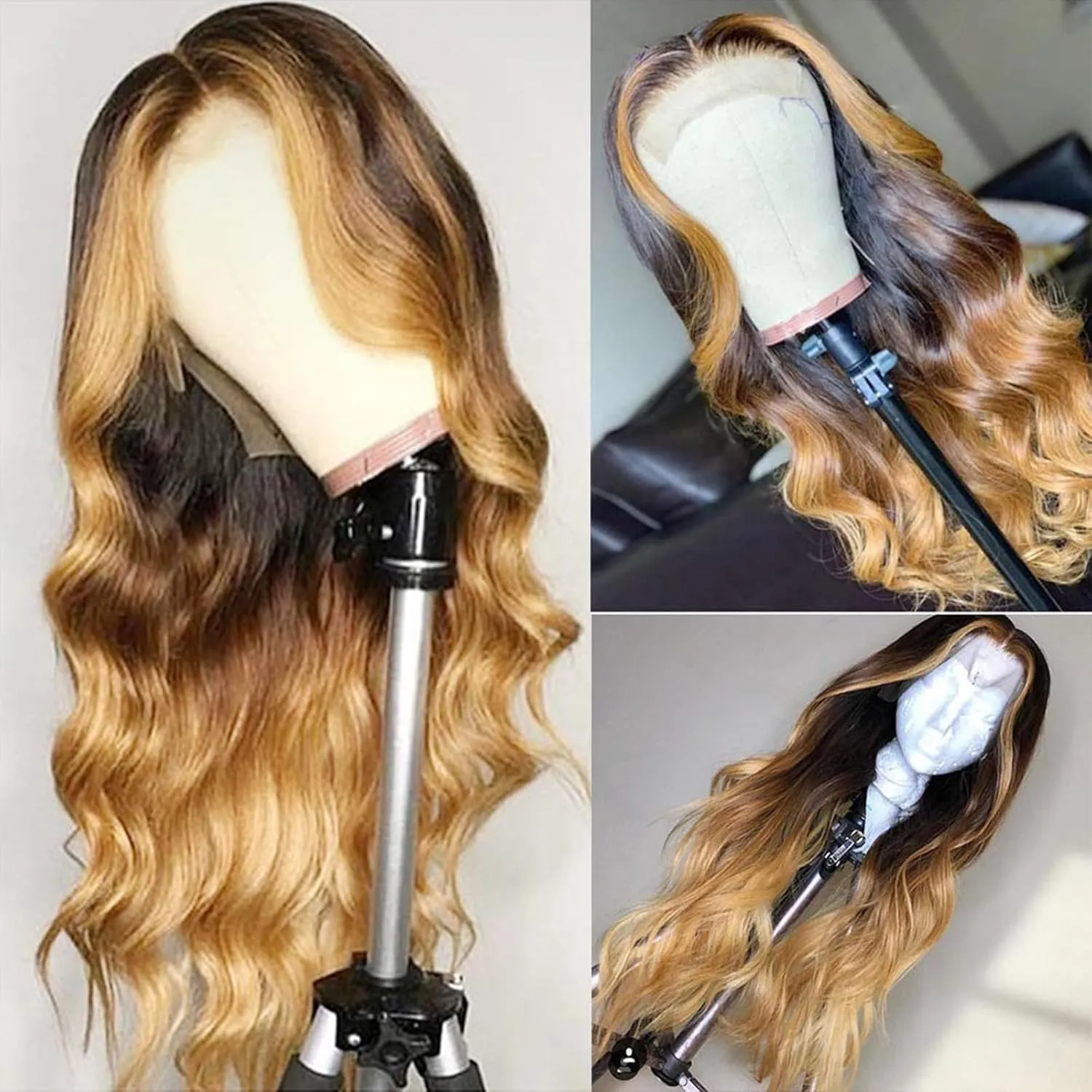 BLG Ombre Blonde 13X4 Transparent Lace Front Wigs Human Hair Pre Plucked 27 Skunk Stripe Wigs Human Hair 180% Density Colored Human Hair Wigs for Black Women 16 Inch Lace Frontal Wig