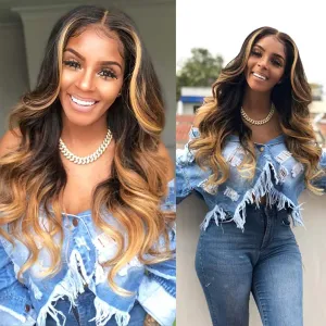 BLG Ombre Blonde 13X4 Transparent Lace Front Wigs Human Hair Pre Plucked 27 Skunk Stripe Wigs Human Hair 180% Density Colored Human Hair Wigs for Black Women 16 Inch Lace Frontal Wig