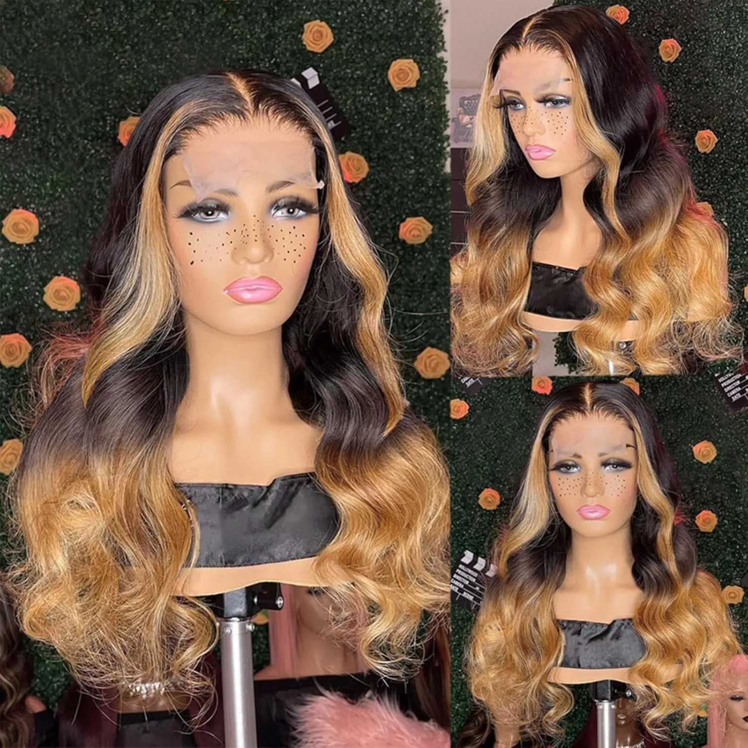 BLG Ombre Blonde 13X4 Transparent Lace Front Wigs Human Hair Pre Plucked 27 Skunk Stripe Wigs Human Hair 180% Density Colored Human Hair Wigs for Black Women 16 Inch Lace Frontal Wig