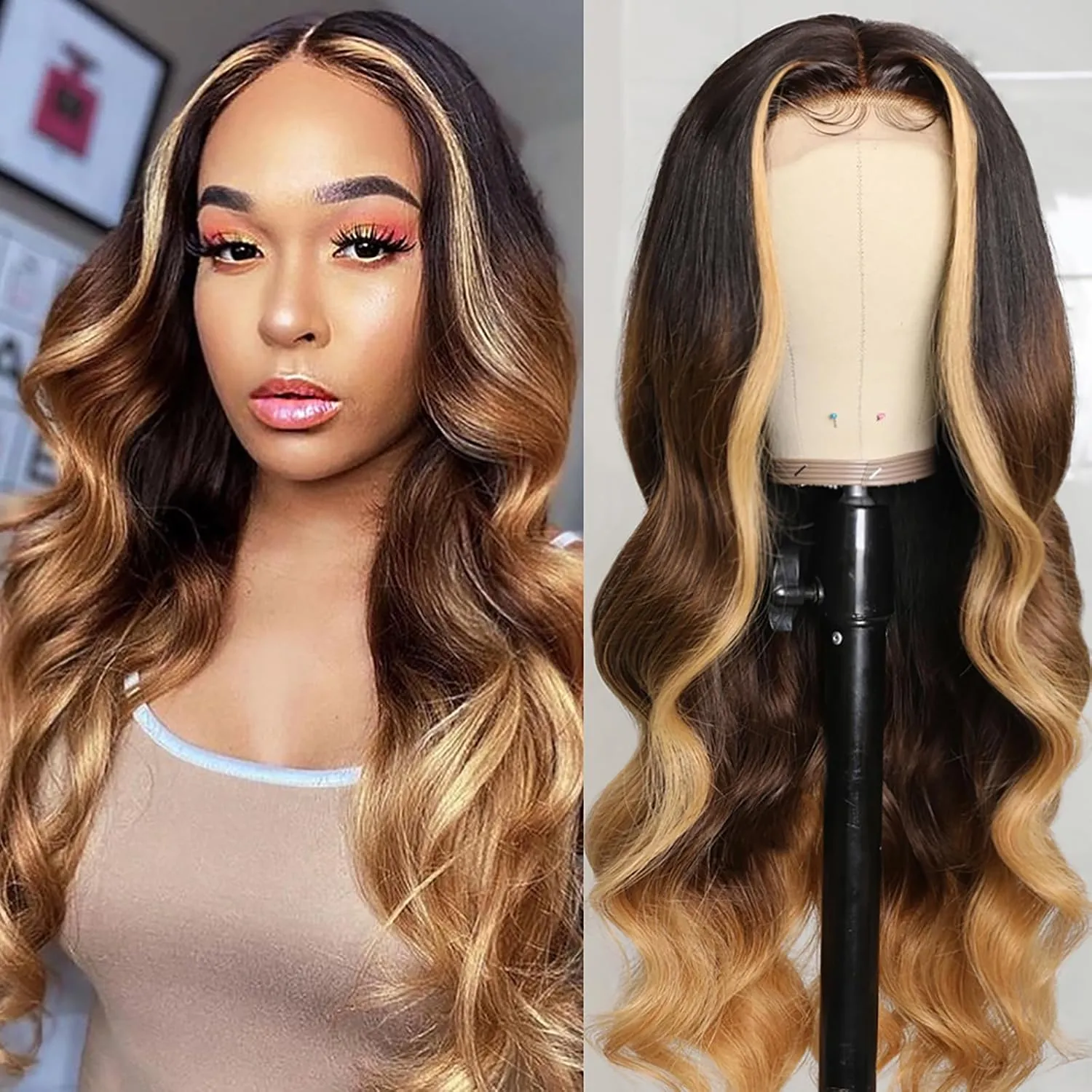 BLG Ombre Blonde 13X4 Transparent Lace Front Wigs Human Hair Pre Plucked 27 Skunk Stripe Wigs Human Hair 180% Density Colored Human Hair Wigs for Black Women 16 Inch Lace Frontal Wig