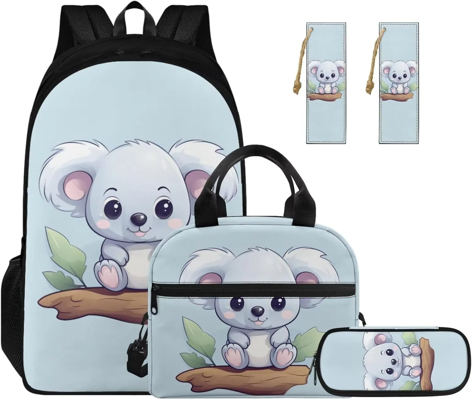 Blue Koala Backpack for School Boys 4th Grade Girls Backpack with Lunch Box with Adjustable Shoulder Strap Cute Reading Bookmark and Pencil Box 4Pcs Sets for Kids/Toddler